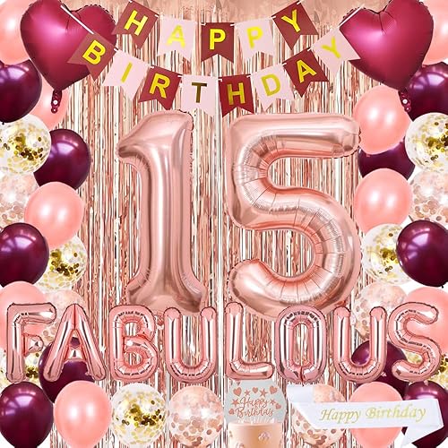 Suministros de decoración de cumpleaños número 15 para niñas y mujeres, pancarta de papel de feliz cumpleaños burdeos y rosa, decoración de pastel,