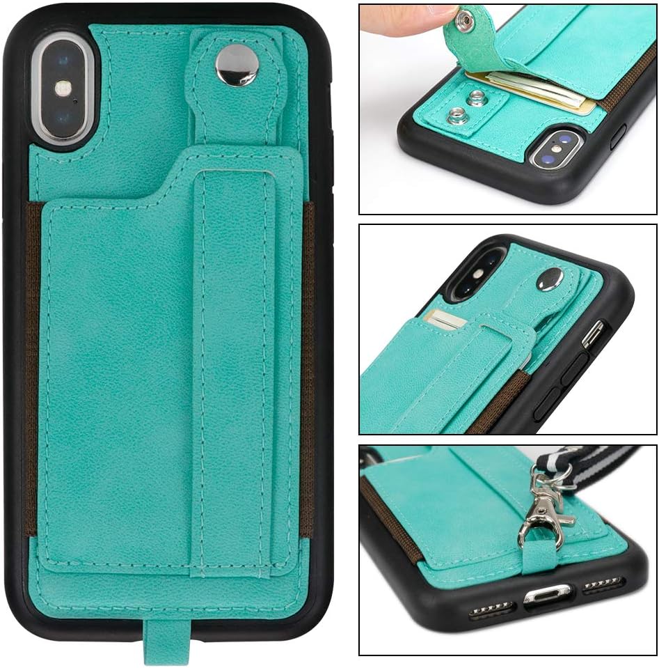 iPhone Xs Max Case, TOOVREN iPhone Xs Max Wallet Case with Credit Card Holder, Xs Max PU Case with Kickstand, Adjust Detachable Necklace Strap Wrist Strap Perfect for Daily Use, Work, Travel Green