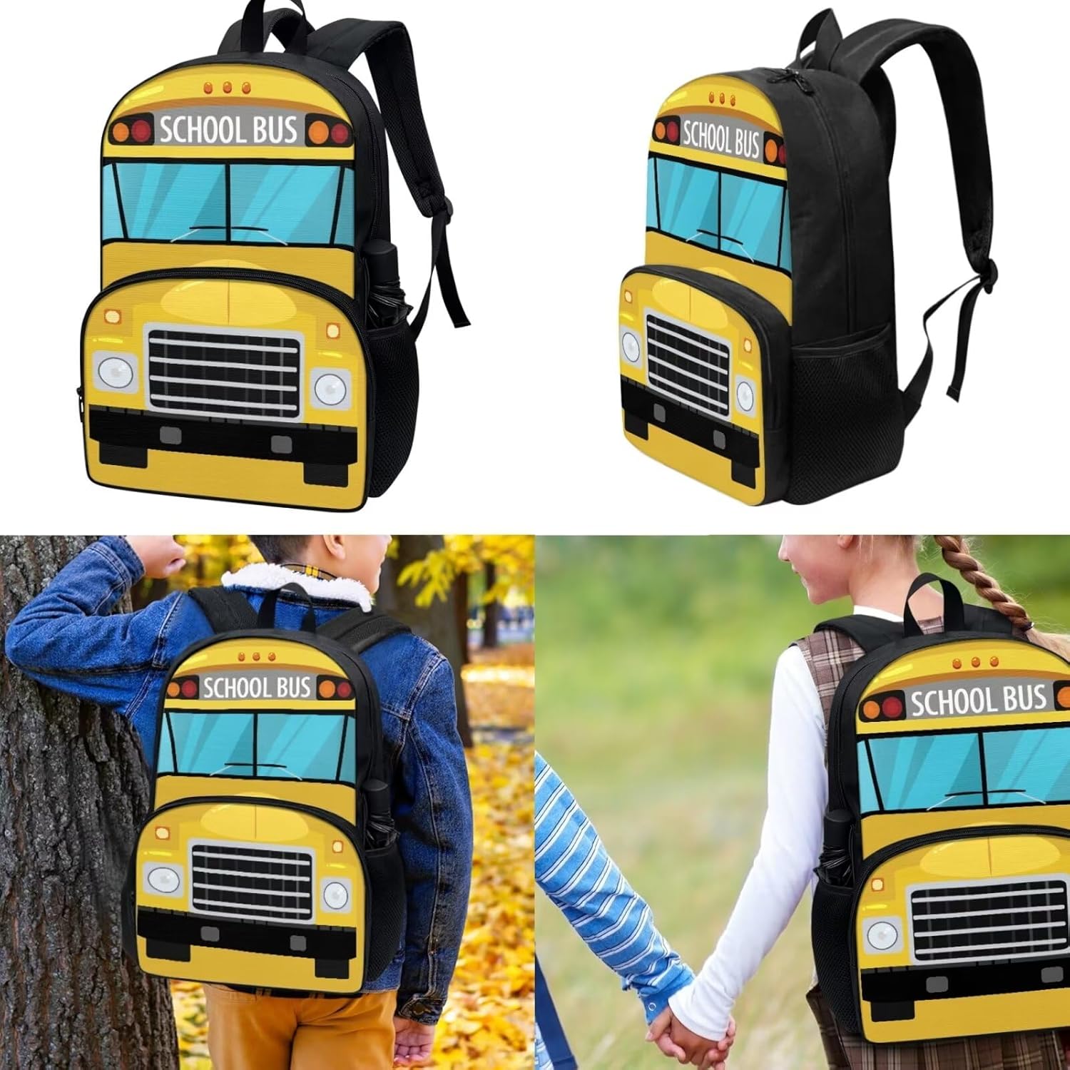 Schoolbus Backpack for Boys 8-12 Kindergarten Elementary Middle School Book Bag for Teen Girls Children Student Bookbag Set for School with Lunch Box Water Bottle Holder Pencil Case 4 Piece