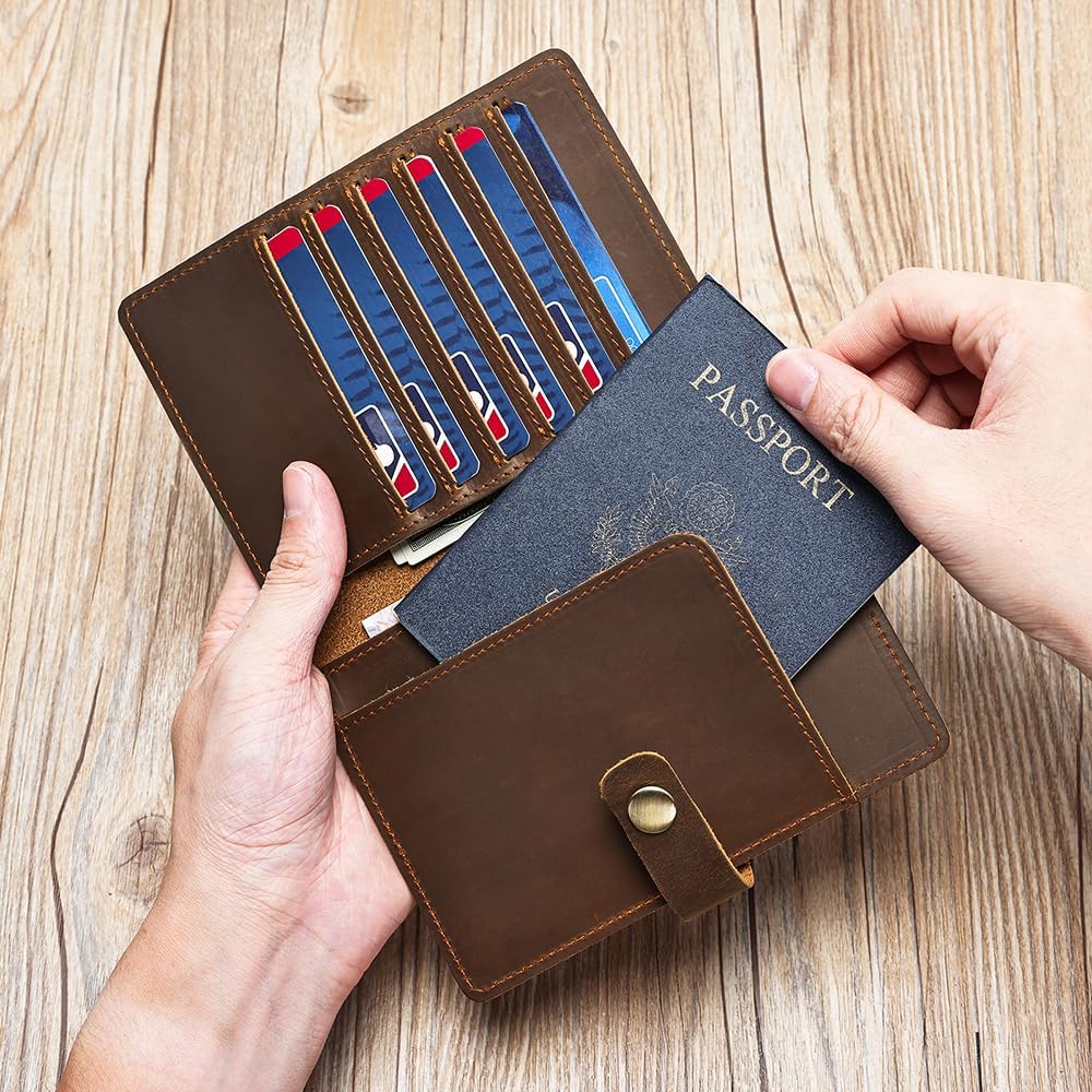 Genuine Leather Passport Holder, Vintage Leather Travel Wallet, RFID Blocking Passport Cover with Card Slots, Cash Slots & Snap Closure, Slim Travel Document Organizer for Men & Women, Brown