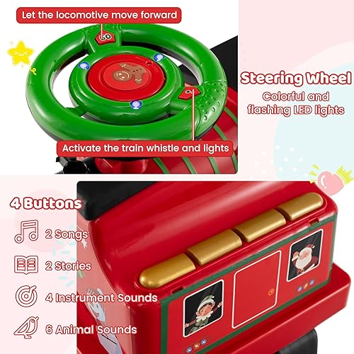 Miniatura 4 de Costzon Tren de paseo de 2 plazas con carruaje, juguete de 6 V con almacenamiento debajo del asiento, reposapiés, silbato de tren, música y luces