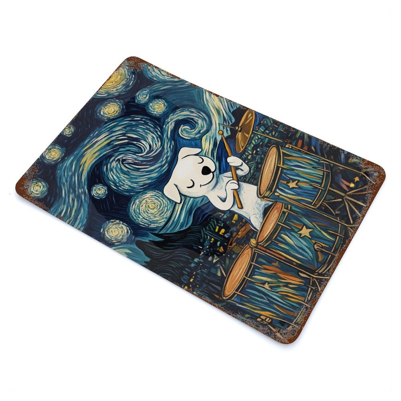 Dog Playing Drums Starry Night Rustic Tin Plaque 11.8"x7.9", for Shed, Workshop And Garage Wall Decor, Shabby Chic Decor