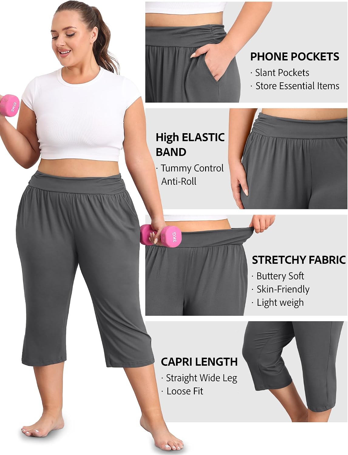 Plus Size Capris for Women Soft High Waist Workout Yoga Pants With Pockets image 4