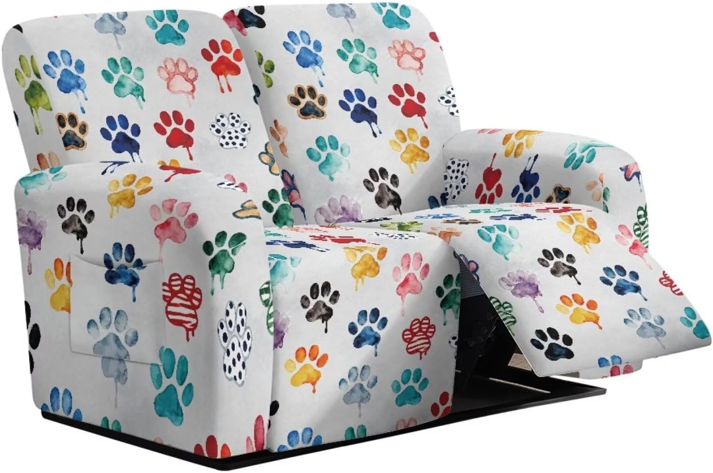 Suobstales Colorful Dog Paw Paint Splatter Print Reclining Loveseat Slipcover, 6-Piece Velvet Stretch Loveseat Reclining Sofa Covers, 2 Seat Recliner Couch Washable Love Seat Slipcovers
