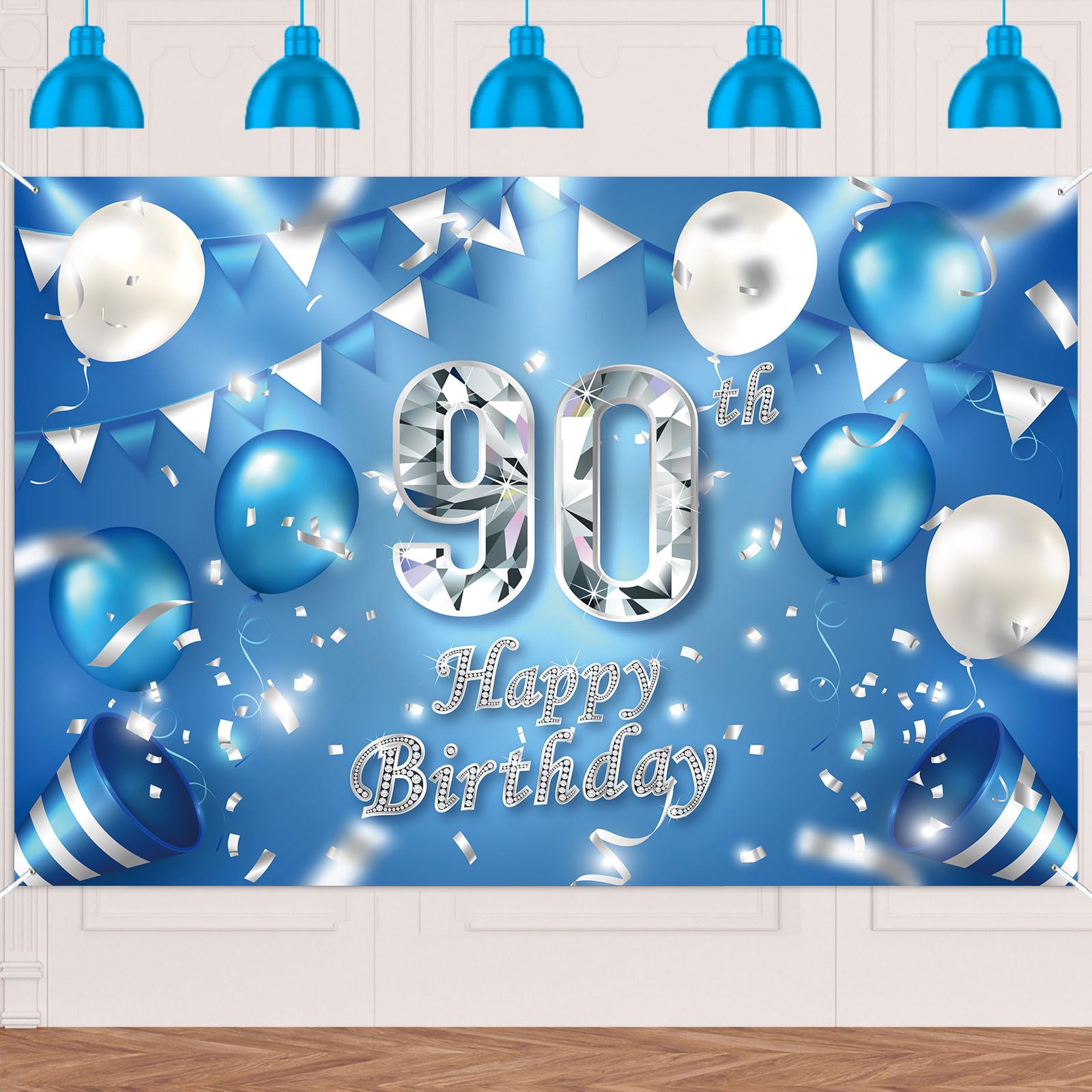 Happy 90th Birthday Banner Background Decorations Balloons Crystal Confetti Theme Decor for Men or Women Cheers to 90 Years Party Favors Supplies Blue