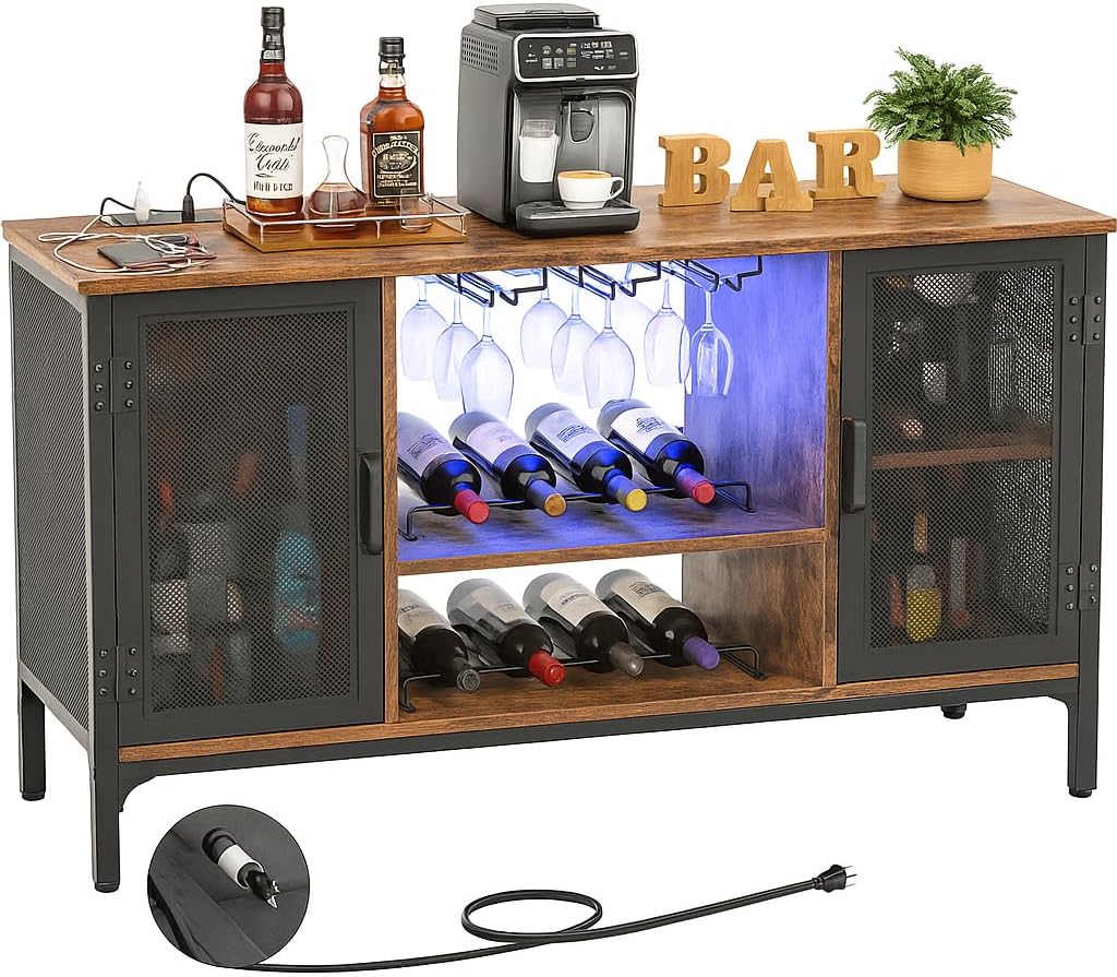 Homieasy Wine Bar Cabinet with Power Outlets & LED Lights, Industrial Coffee Bar Cabinet with Wine Rack for Home Bar, Liquor Bar Storage Cabinet for Home, Kitchen, Living Room, Rustic Brown