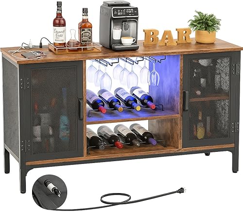 Homieasy Armario para bar de vinos con tomas de corriente y luces LED, gabinete de licor industrial con estantes ajustables para vino, gabinetes de