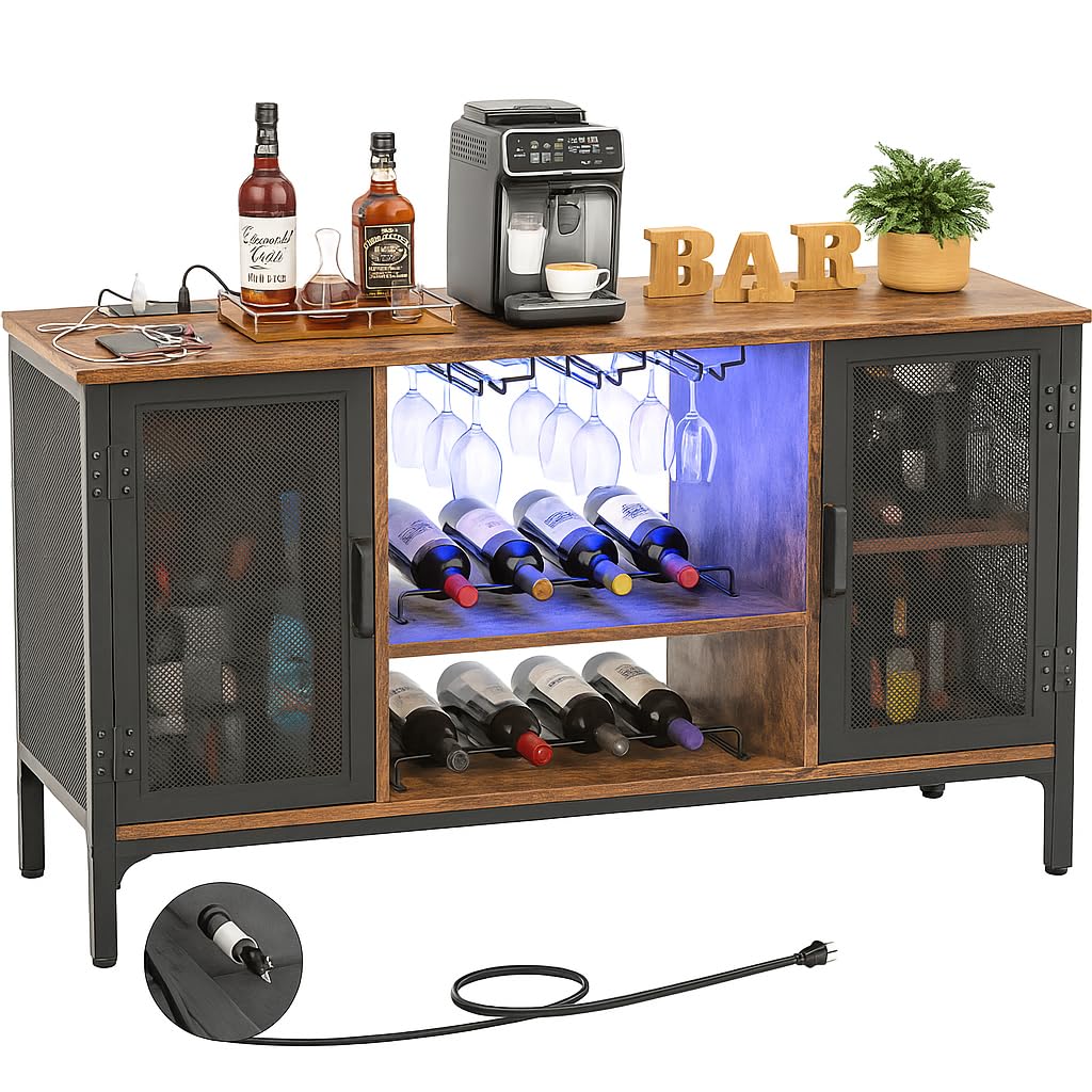 Homieasy Wine Bar Cabinet with Power Outlets &amp; LED Lights, Rustic Brown