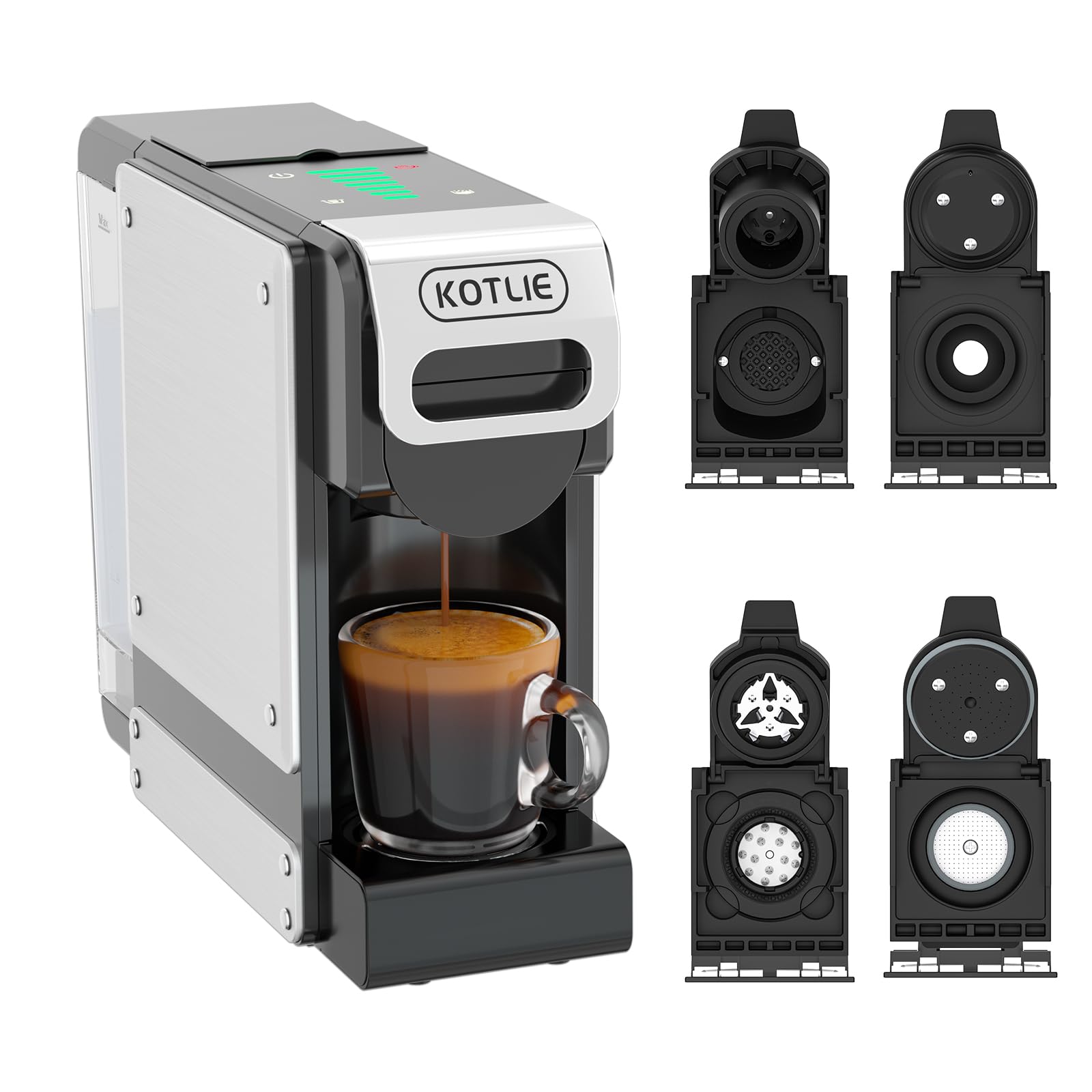 Macchina da caffè a capsule ST-550, Macchina da caffè 4 in 1,per Nespresso Original/per Dolce Gusto/per A Modo Mio e caffè macinato, con serbatoio dell'acqua da 1 litro | 4 in 1 per capsule e polveri NES Original/DG*/Mio*, 7 quantità di acqua, serbatoio d