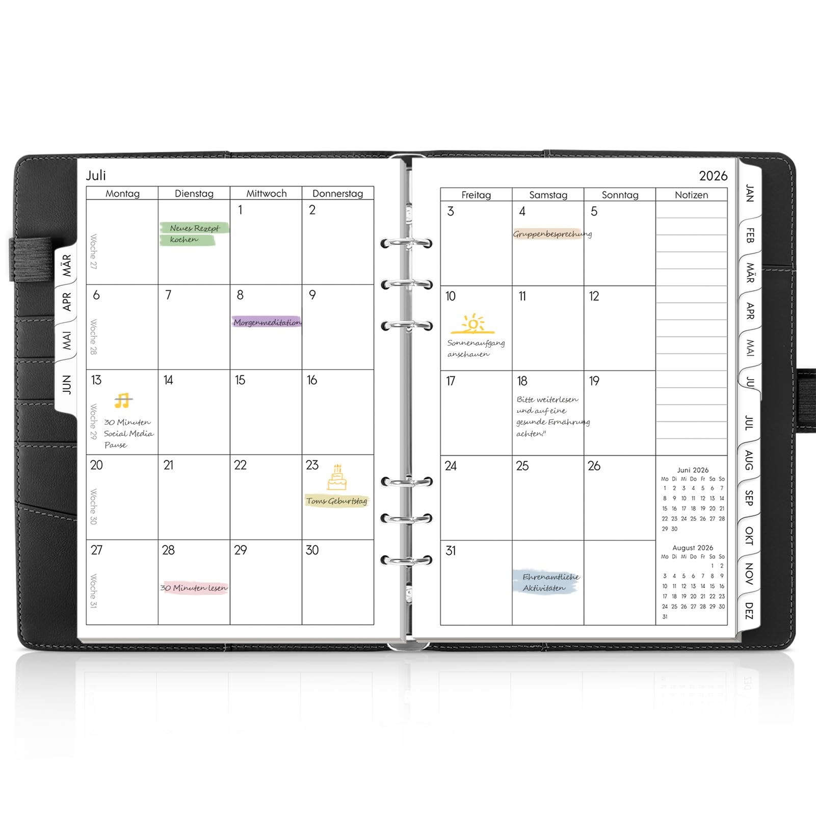 SKYDUE Kalender Ringbuch A5, Ringbuch A5 Nachfüllbar Von März 2026 bis Juni 2027, Terminplaner 2026 Perfekt Für Schüler Und Berufstätige(Schwarz)