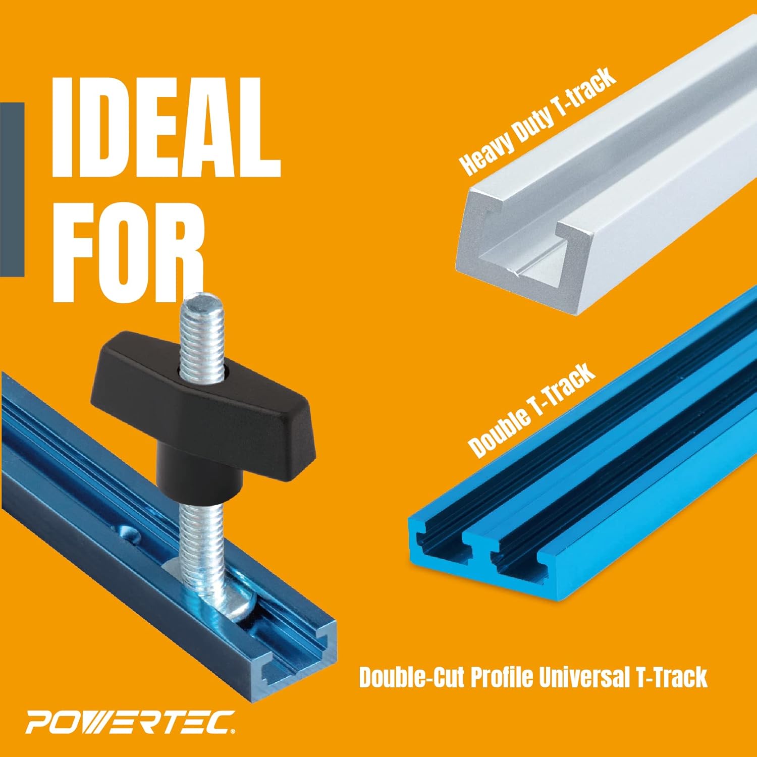 POWERTEC 48" Double Cut T-Track & 16-piece Hardware kit w/ 2PK T Track Hold Down Clamp & 3" Fence Flip Stop