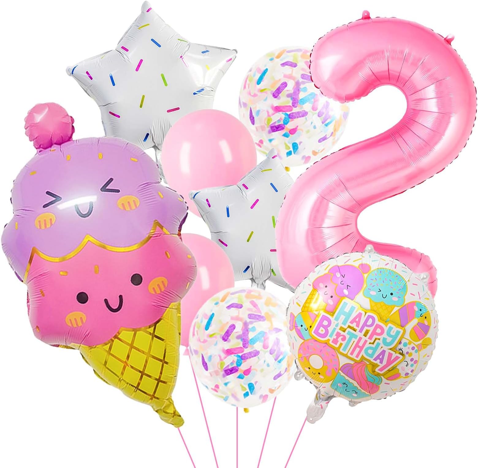 Pink Ice Cream Balloons, Number 2 Balloon, Two Sweet Birthday Party Supplies, Ice Cream Balloon for Girls Birthday Party Decoration (2)