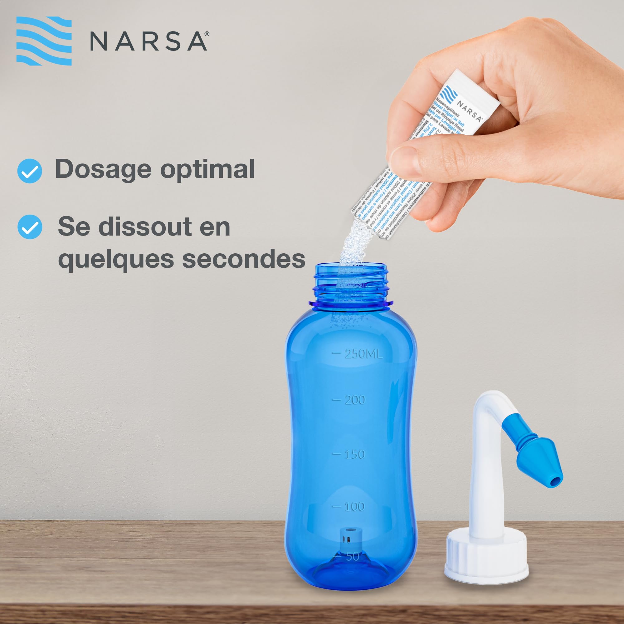 NARSA Douche nasale avec 30x Sel de rinçage nasal · Lavage nez pour Adultes et Enfants premium · pour Soulager la Congestion Nasal, les Allergies, les Infections, le Pollen & les Impuretés