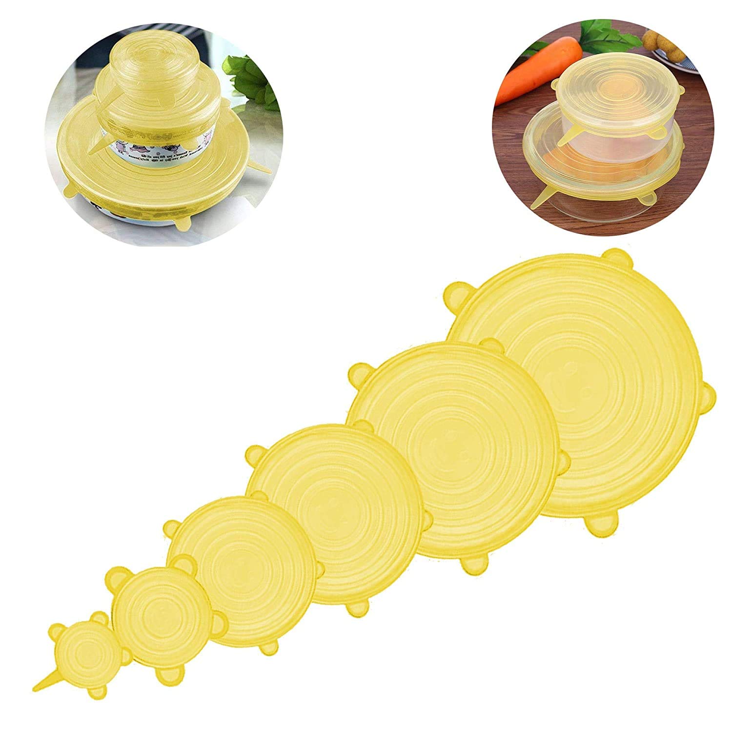 Silicone Stretch Lids and Covers Set, Best for Kitchen Utensils, Food Containers, Glass Bowls, Plates, Plastic Mugs, Cups. Microwave Safe & Reusable (6 Pcs, Yellow)