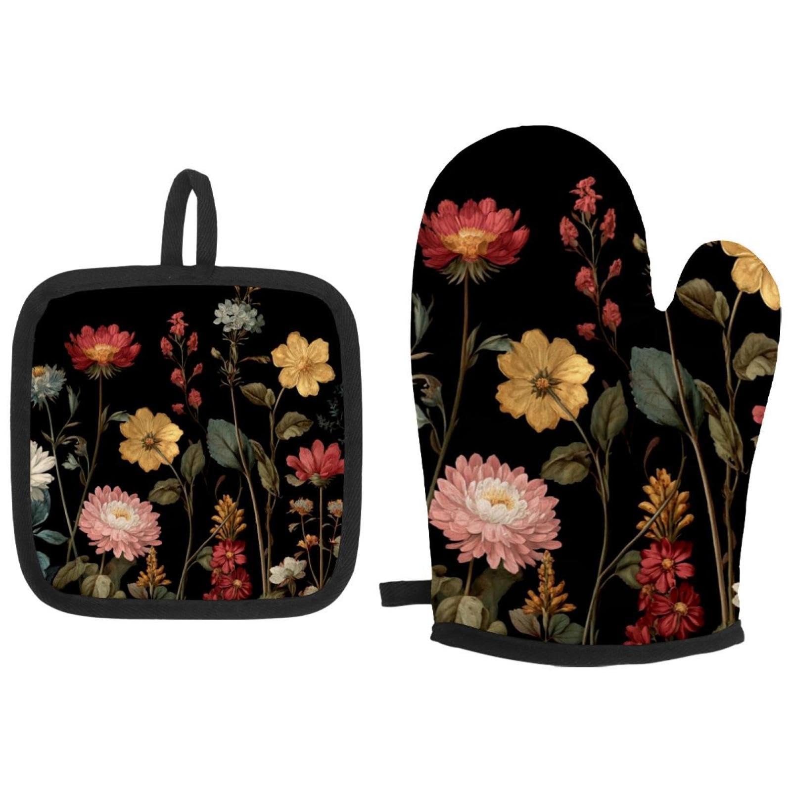 Gants de cuisine et maniques résistants à la chaleur lot de 2 style vintage fleurs