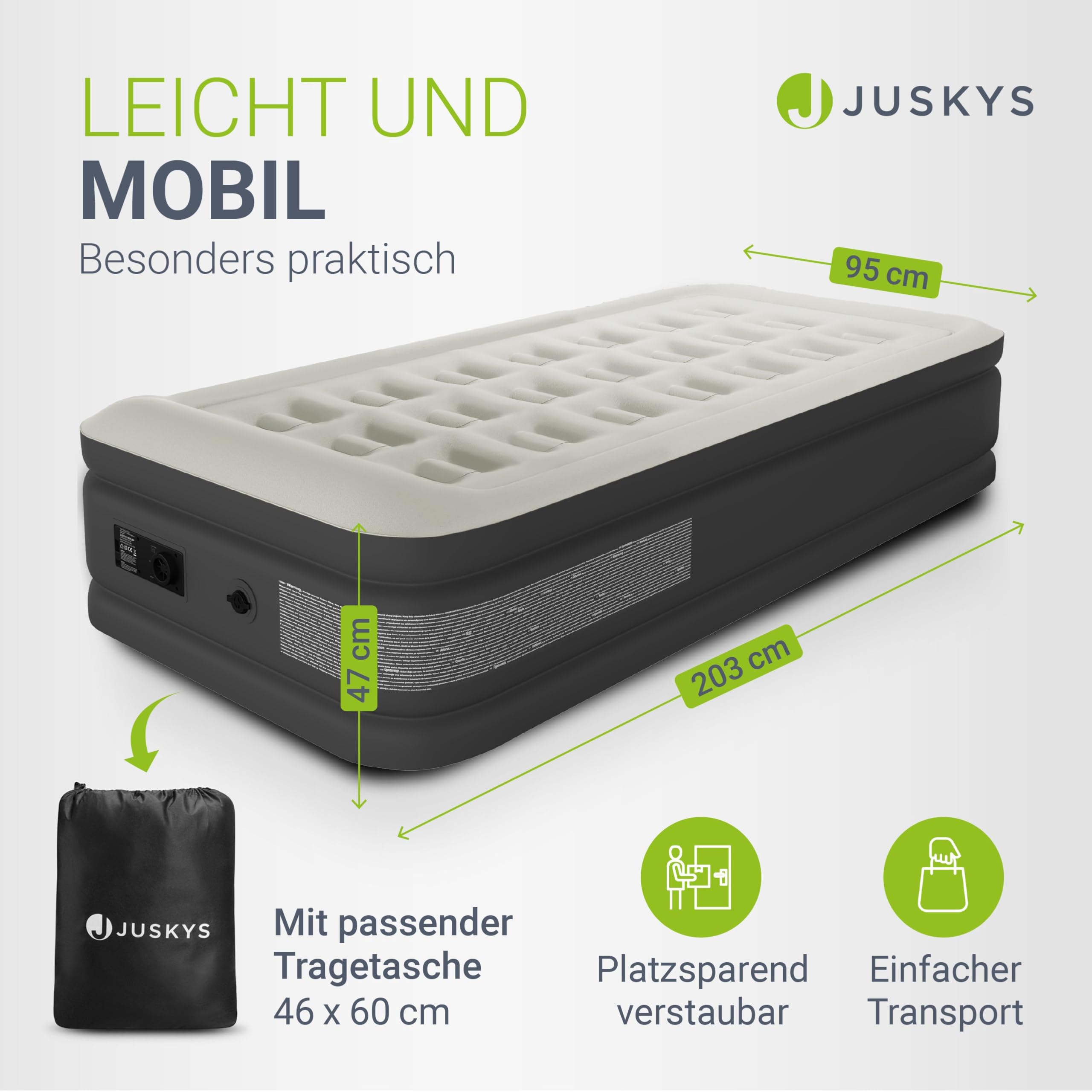 Juskys Luftbett Sapri M 191x91x44 cm Antrhazit Luftmatratze Selbstaufblasend mit integrierter Pumpe Gästebett