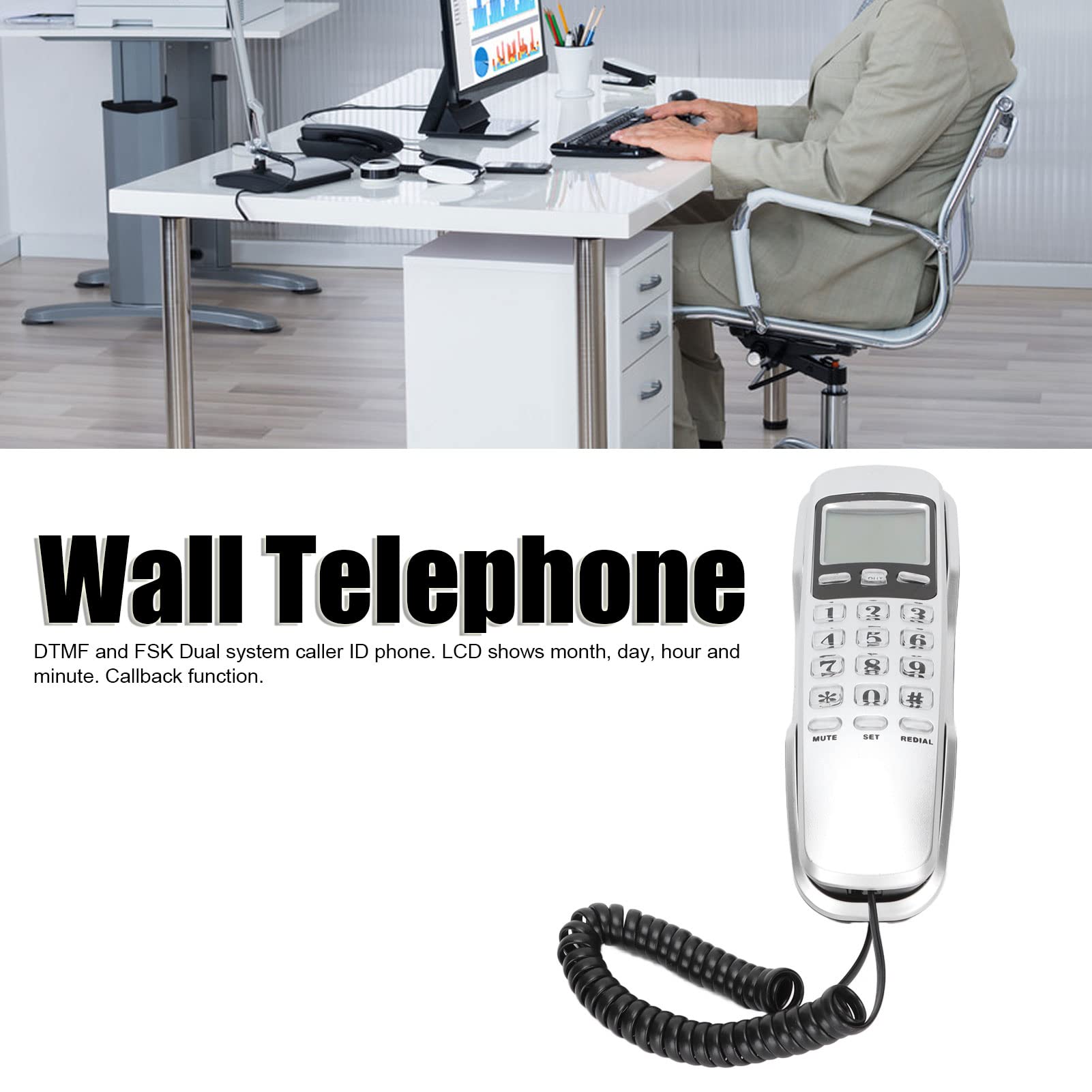 Przewodowy telefon stacjonarny, podwójny system KX‑T888CID DTMF i FSK, wyświetlanie identyfikatora połączenia/funkcja pamięci, mini telefon stacjonarny wiszący/stacjonarny, do domowego biura ho
