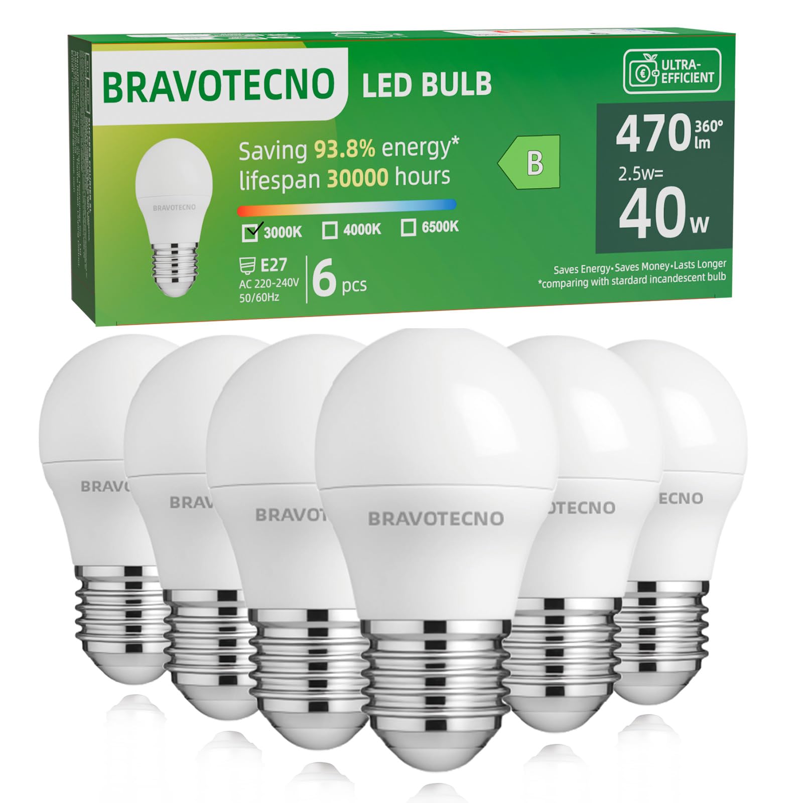 bravotecno E27 LED Glühbirne, Energieklasse B E27 LED Warmweiss, 3000K 2.5W 470LM G45/P45 Warmweiß Leuchtmittel Entspricht 40W, 360° Abstrahlwinkel, Nicht Dimmbar, Wärmearm & Langlebig, 6 Stück