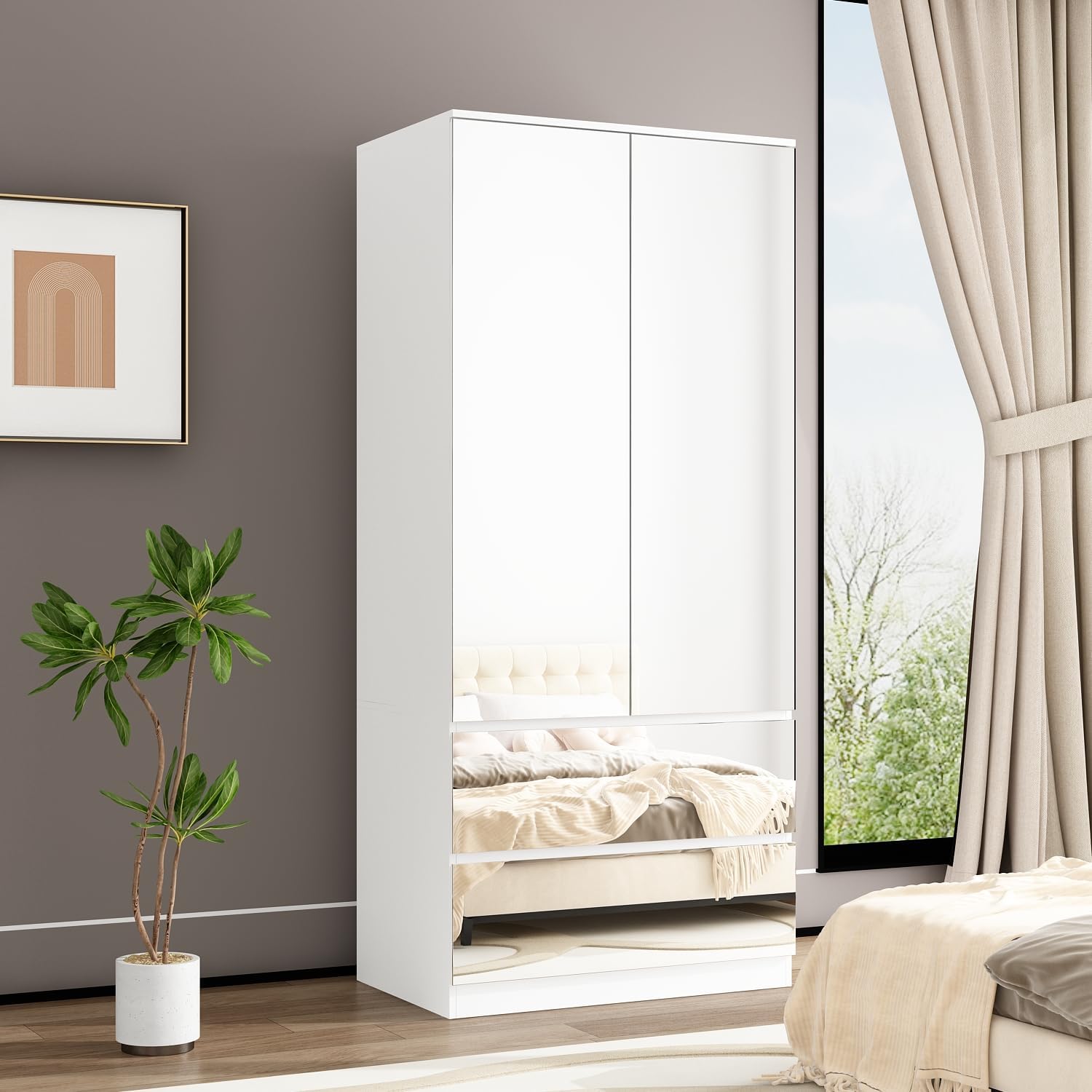 FUFU&GAGA Wardrobe with Mirror Doors, White Bedroom Armoire with 2 Drawers, Hanging Rod, Mirrored Closet Modern Clothes Storage Cabinet for Bedroom Cloakroom, 31.5”W x 19.7”D x 70.9”H