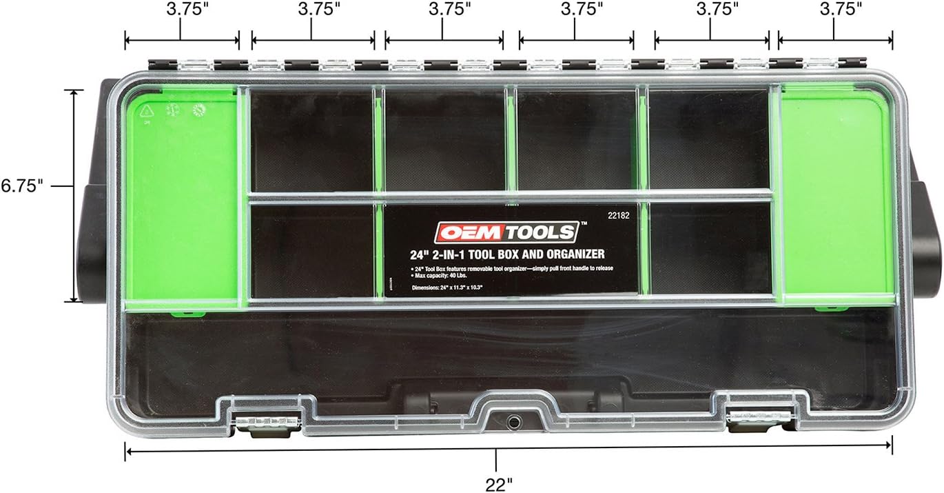 OEMTOOLS 22182 24 Inch 2-in-1 Tool Box and Organizer, Plastic Portable Tool Box with Organizer Lid, Removable Organizer, Lockable, Capacity of 40 Pounds