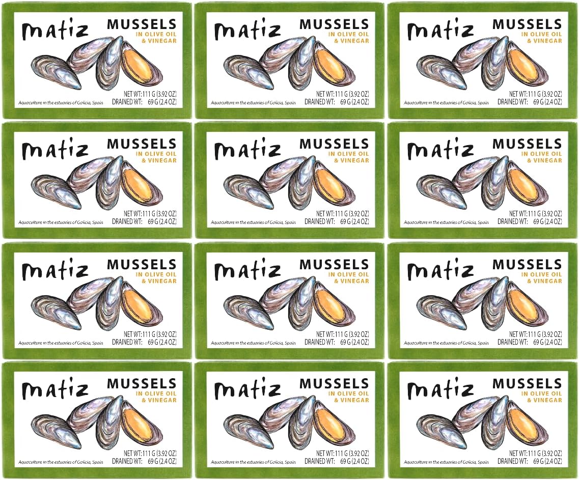 Matiz España Mussels in Extra Virgin Olive Oil & Apple Cider Vinegar | 3.92 oz. - 12 Pack | Handcrafted in Galicia, Spain | Sustainably Cultivated Mussels with Spices |