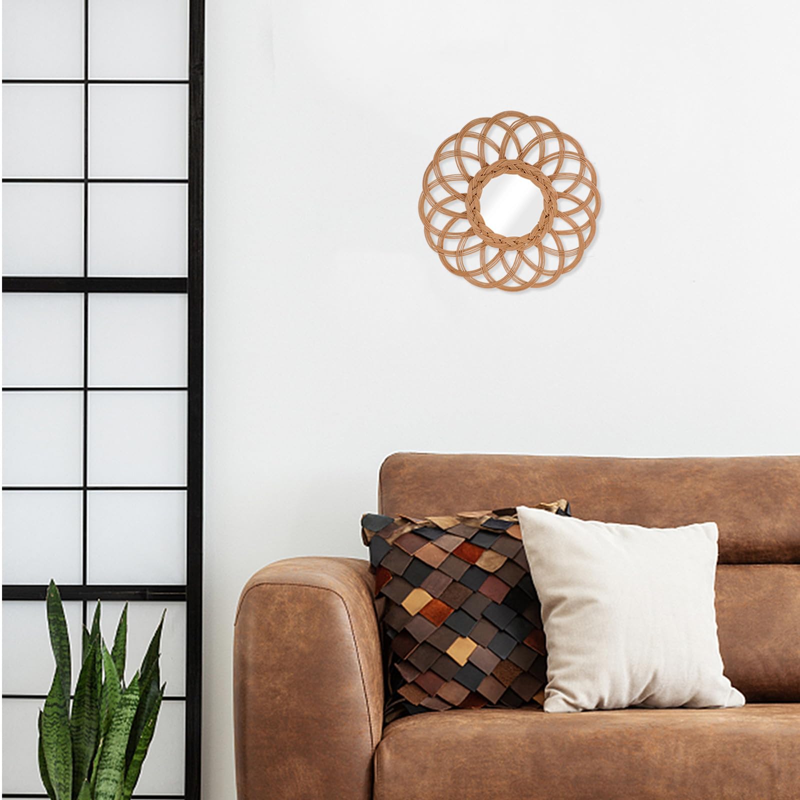 Wandspiegel Handgefertigt mit Glas aus Korbweide Runder Rustikaler Flechtspiegel Praktische Wanddeko im Minimalistischen Stil und Dekorativ für Schlafzimmer