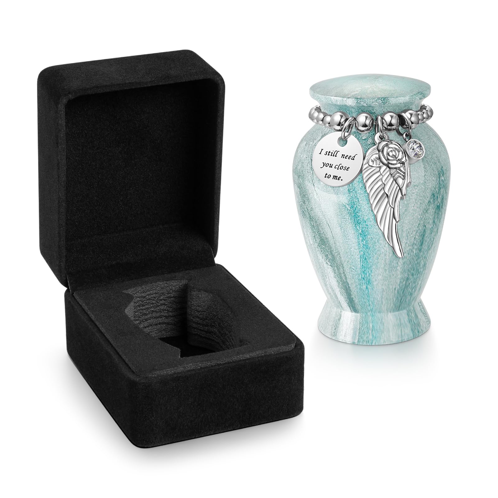 Memorials Small Urns for Human Ashes Keepsake with Case Aluminum Mini Urns for Ashes with Angel Wing Charm Decorative Burial Urn Funeral Cremation Urns for Women and Men (Light Green with Box)