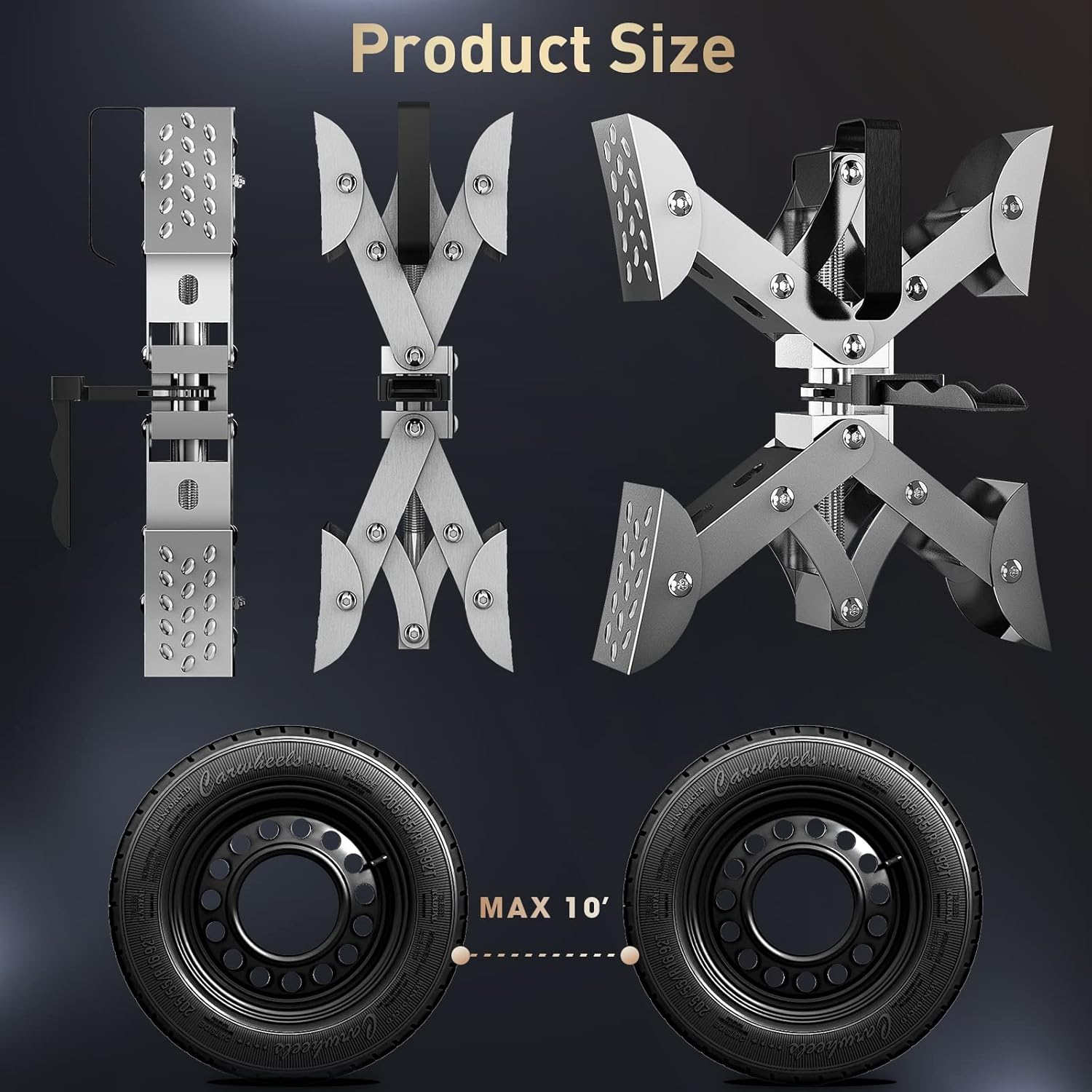 Diagram showing the XPORTION wheel stabilizer in various states of expansion, from 3 inches to 10 inches, positioned between two tires.