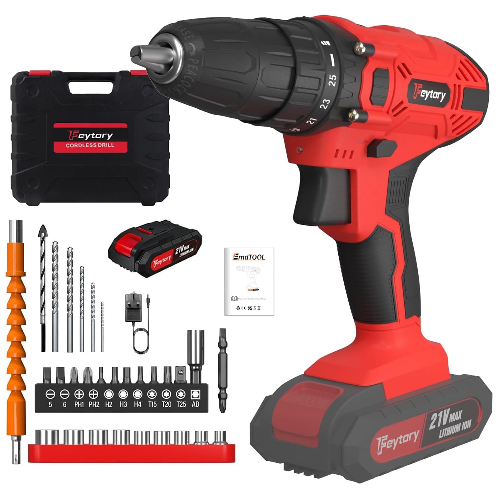 Cordless Drill, 21V Cordless Electric Drill Set, 1500mAh Lithium-Ion Battery and 1 Charger, Variable Speed, 25+1 Torque Setting, 29 Accessories Red