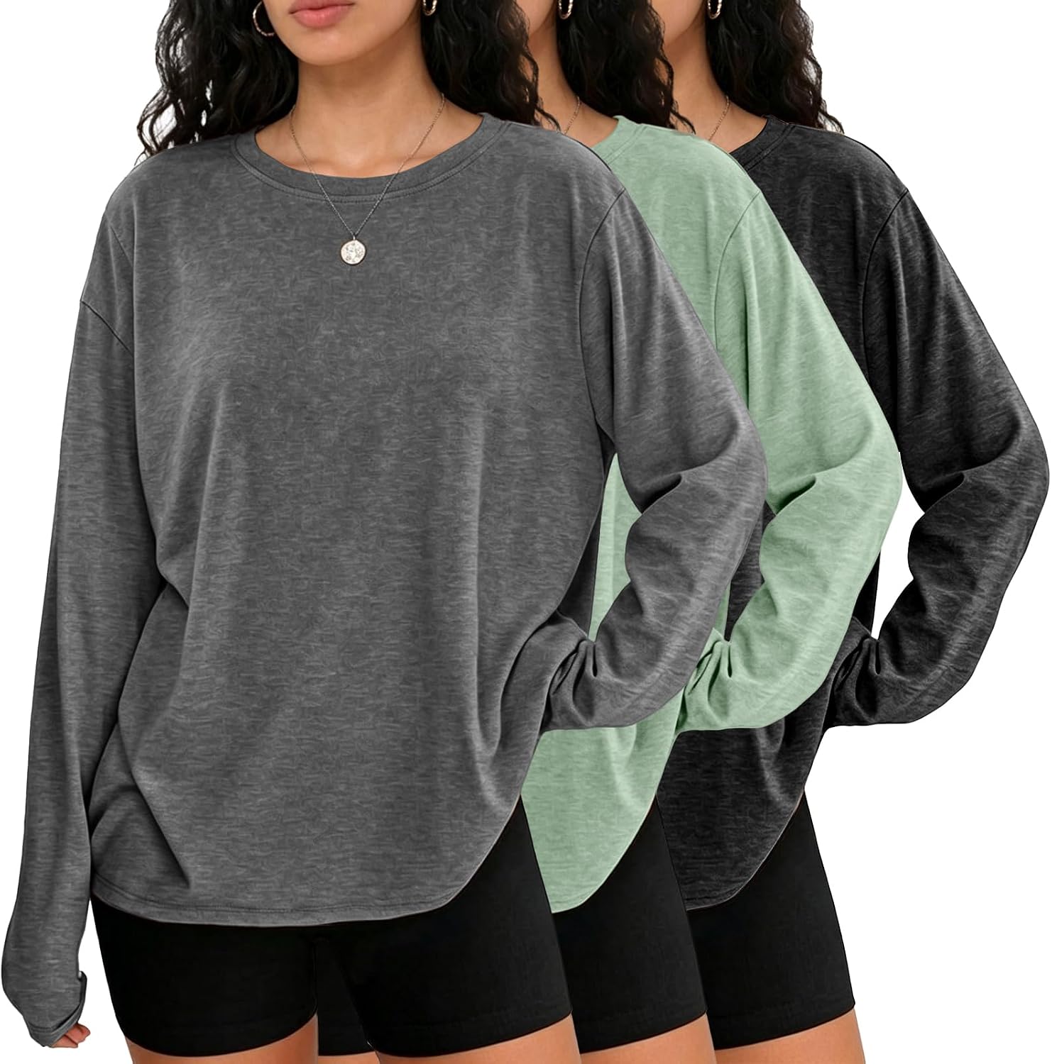 Womens 3 Pack Oversized Long Sleeve T Shirts Cotton Casual Acid Washed Tees Loose Fit Soft Basic Workout Baggy Top