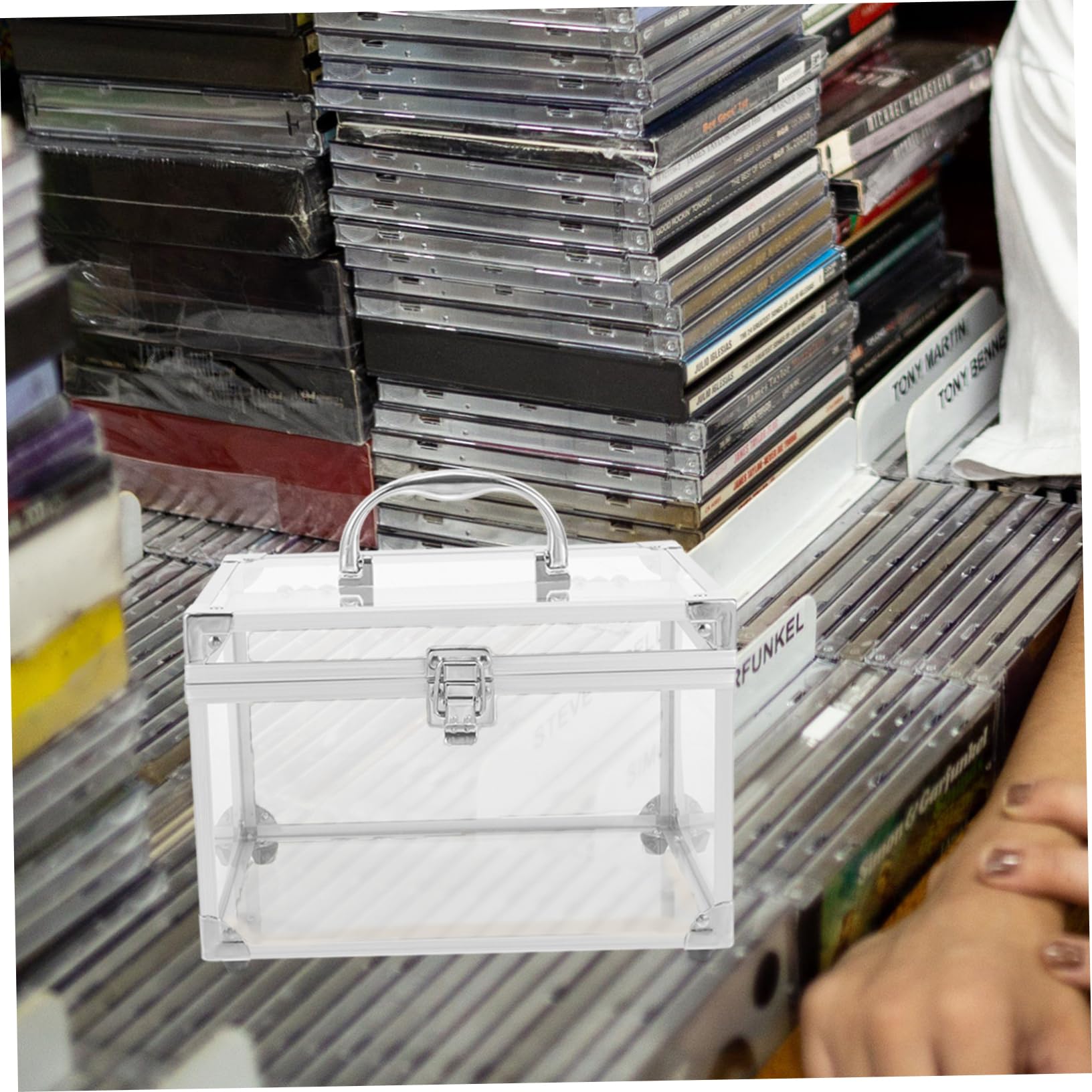 SHINEOFI Scatola Porta CD e Dvd in Acrilico Trasparente Argento, Organizer Portatile con Manico per Facile Identificazione e Grande Capacità, Custodia per Dischi e Album