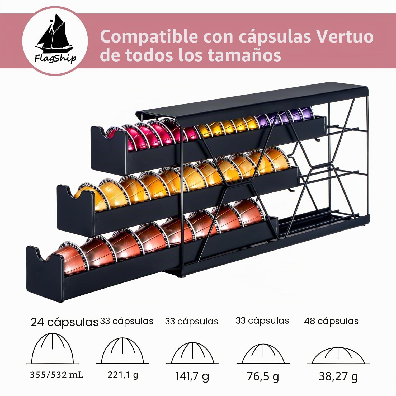 FlagShip Soporte para cápsulas Nespresso de 3 niveles y organizador de cápsulas de café Vertuo, almacenamiento de metal negro que ahorra espacio con capacidad para más de 30 cápsulas, se adapta a