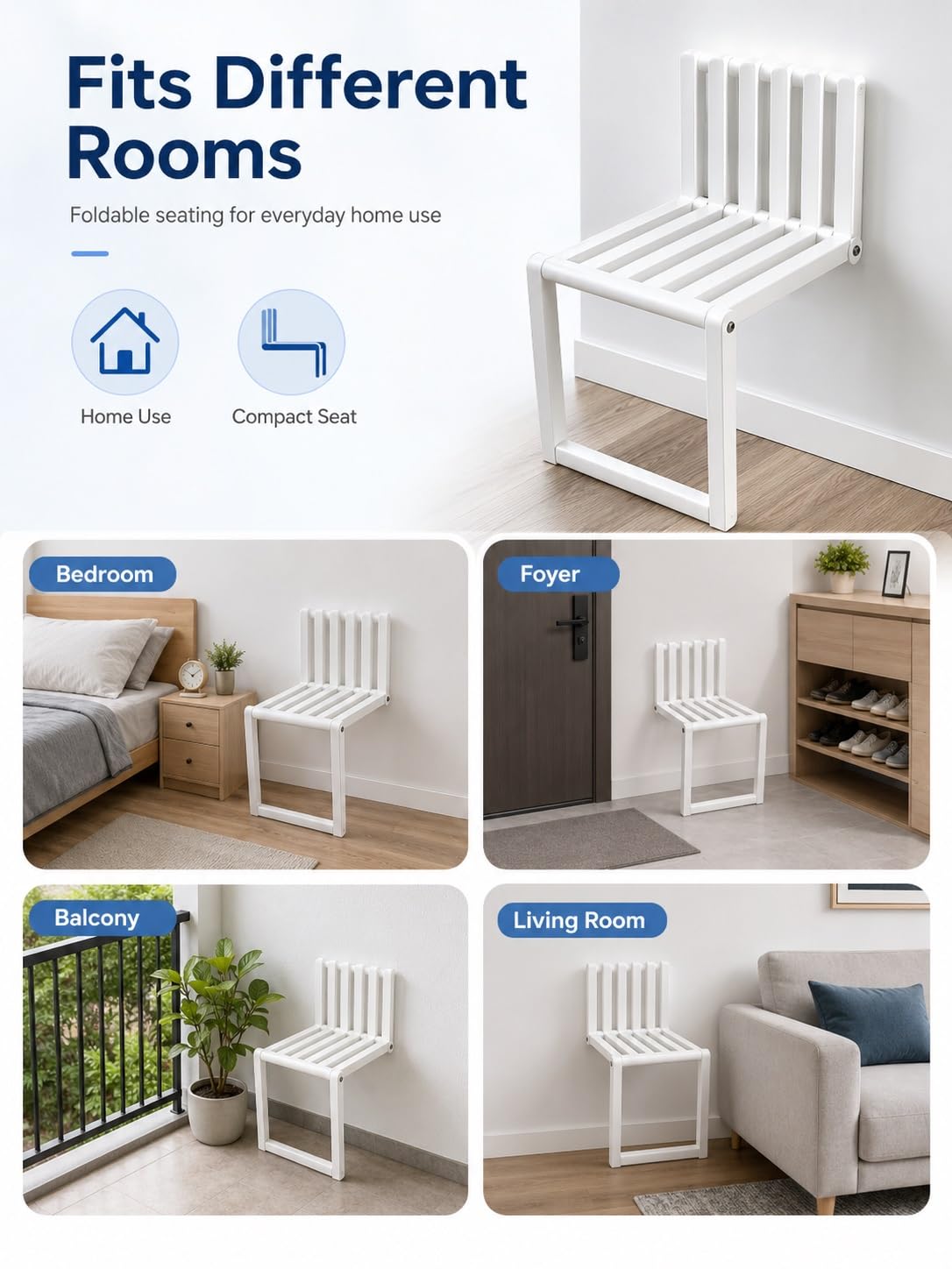 Genérico Asiento de Ducha Plegable de Pared, Taburete Abatible con Listones, Silla Compacta Ahorro de Espacio para Baño, Dormitorio, Balcón y Pasillo(Blue,H-35 CM)