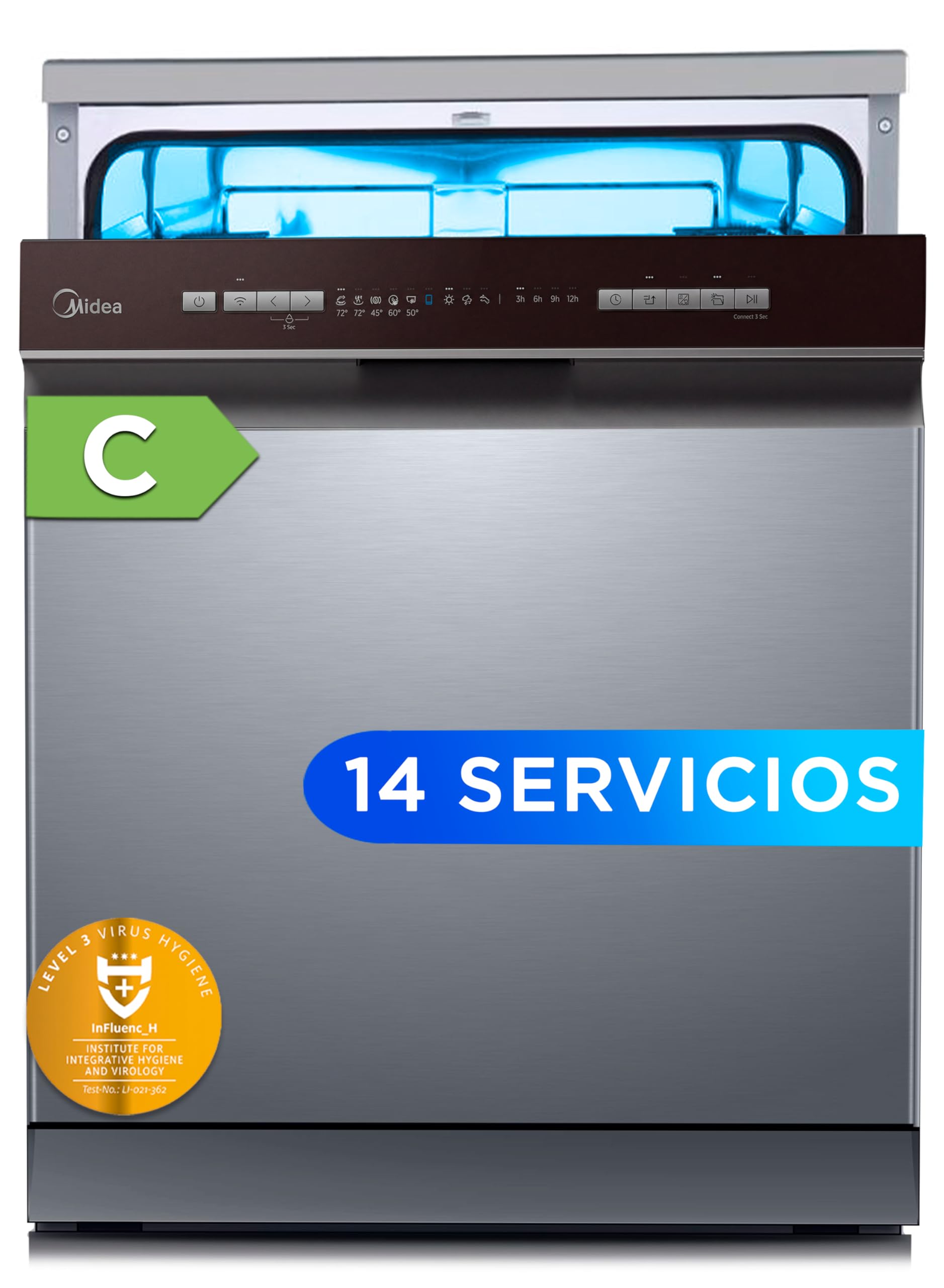 Midea MDWPF1433CSS-W-EU Lavastoviglie a libera installazione con 14 coperti, 10 programmi, WiFi, Funzione Igiene, Apertura automatica, Partenza ritardata, Asciugatura automatica – Inox