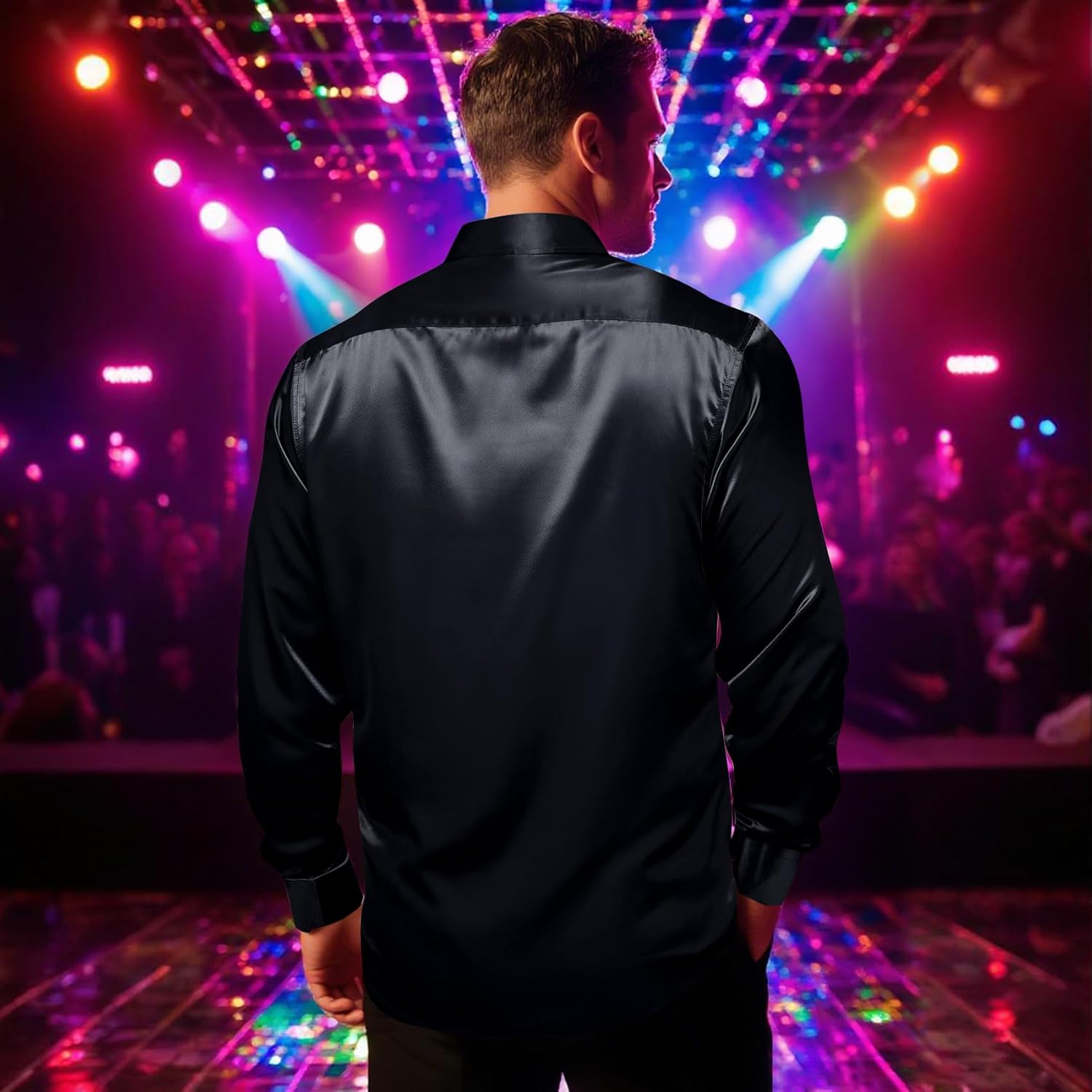 Barry.Wang Mens Disco Shirt Sequins Satin Shiny Metallic Long Sleeve Button Down Shirts 70s Vintage Cocktail Nightclub Rock - Image 4