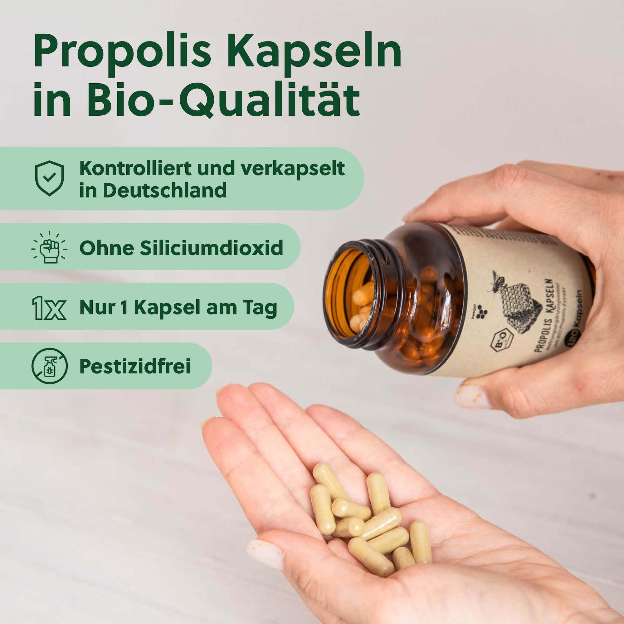 beegut BIO Propolis Kapseln, 120 Kapseln in pflanzlicher Kapselhülle mit BIO Propolis Extrakt, nachhaltige Verpackung