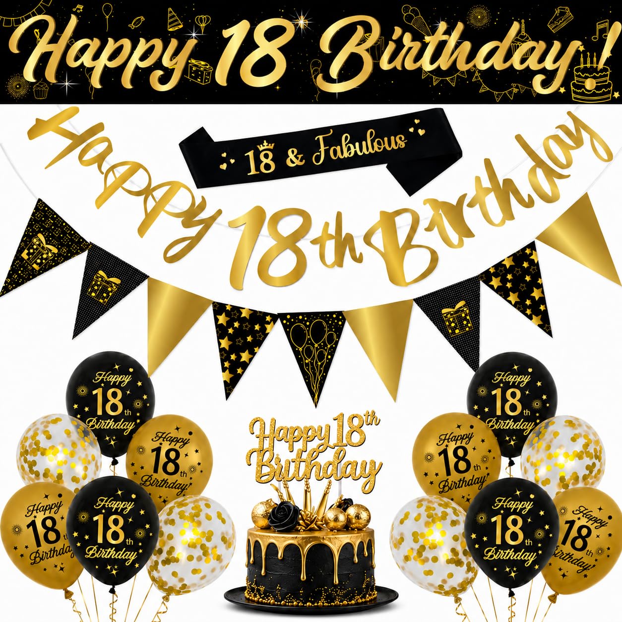 Omrel Black & Gold 21st Birthday Decoration for Her - Happy 21st Birthday Banner, Triangle Flag Banner, Number 21 Balloons for Party Decorations.