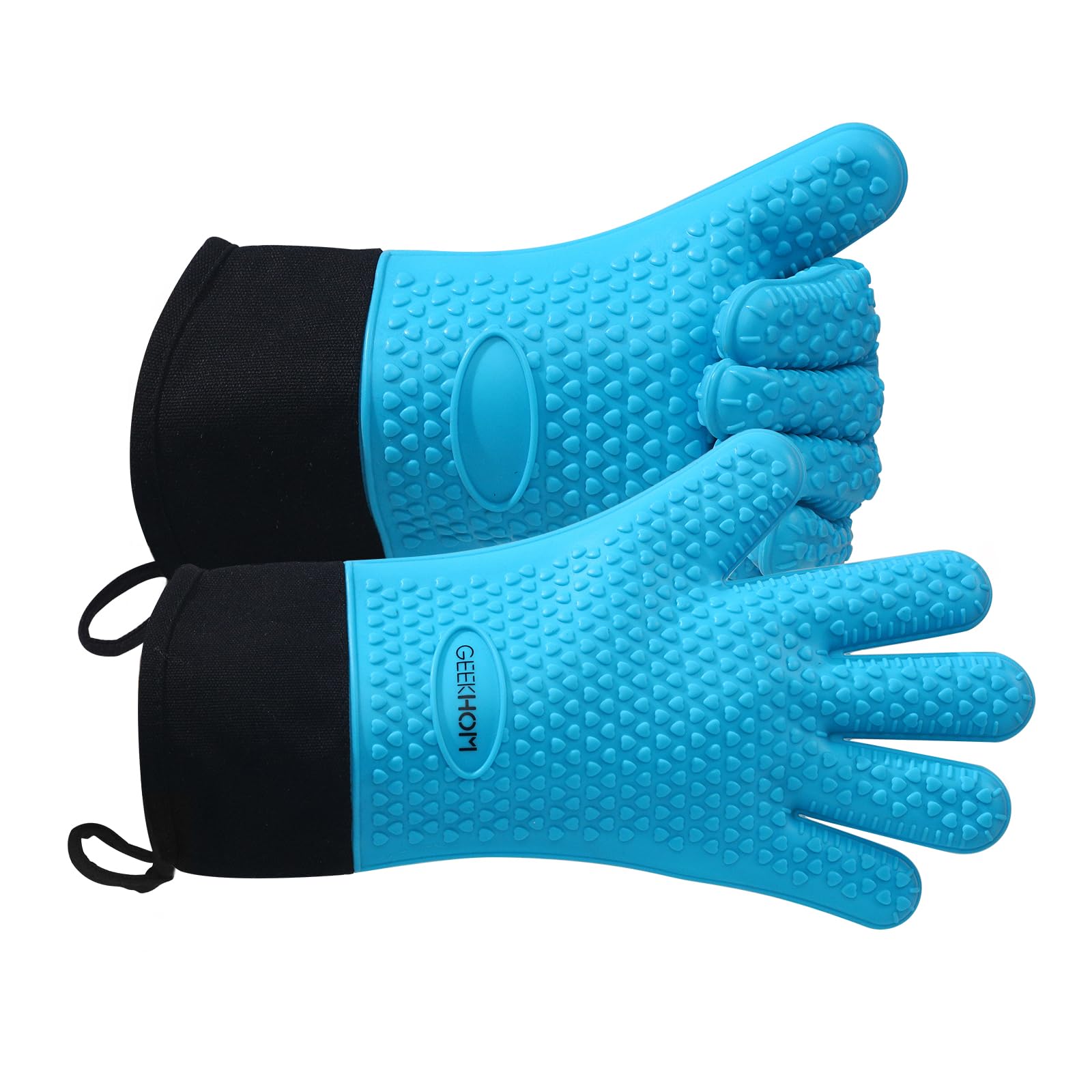 GEEKHOM Silicone Oven Gloves Heat Resistant Silicone Oven Mitts BBQ Gloves Waterproof Kitchen Gloves for Barbecue Grilling Weber Microwave, Non-Slip Oven Gloves with Fingers, Aqua Blue