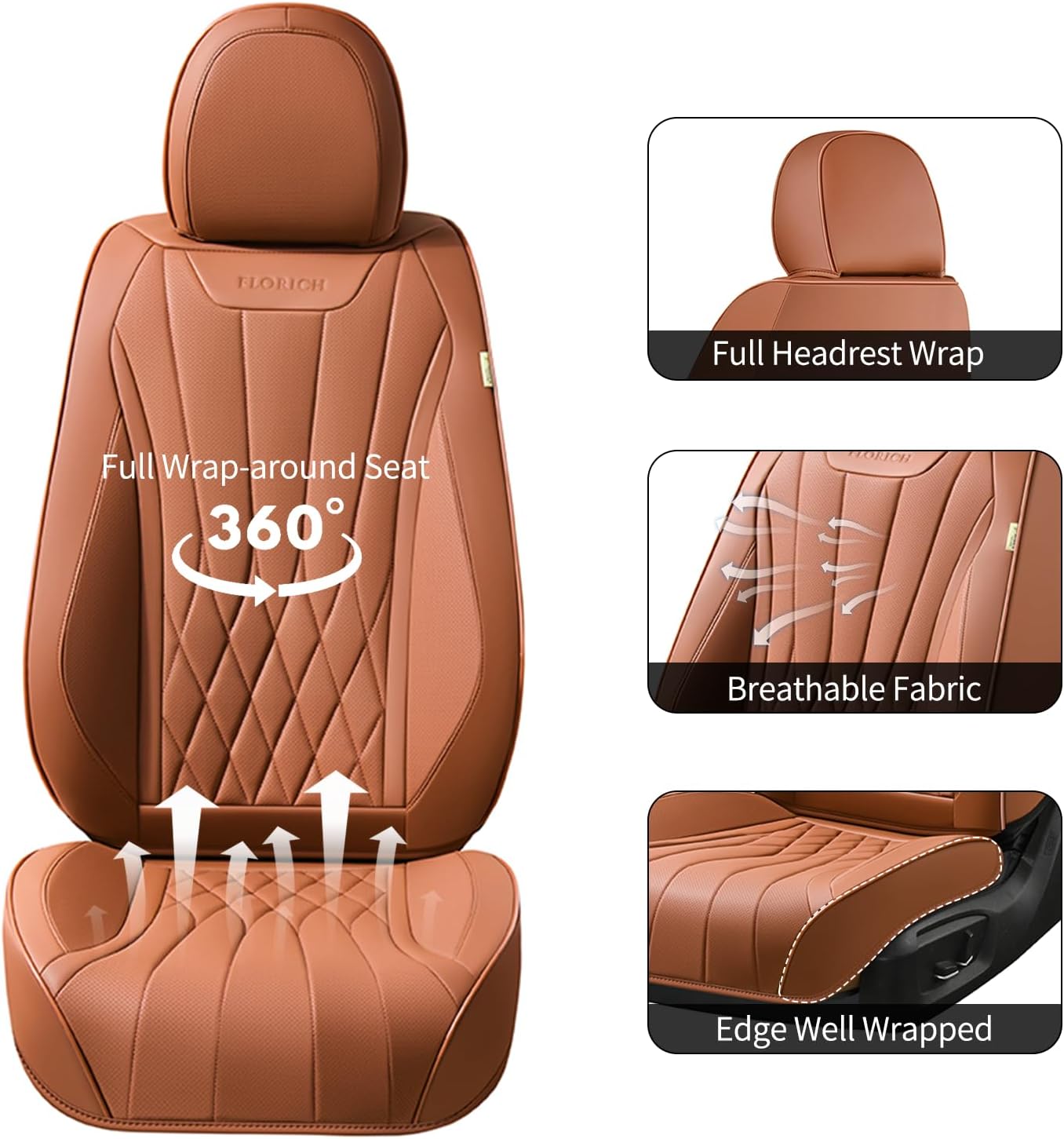 Florich Full Set Car Seat Covers, Automotive Seat Covers for Trucks, SUV, Sedans, Waterproof Nappa Leather Seat Protector Car Accessories for Most Cars - Brown