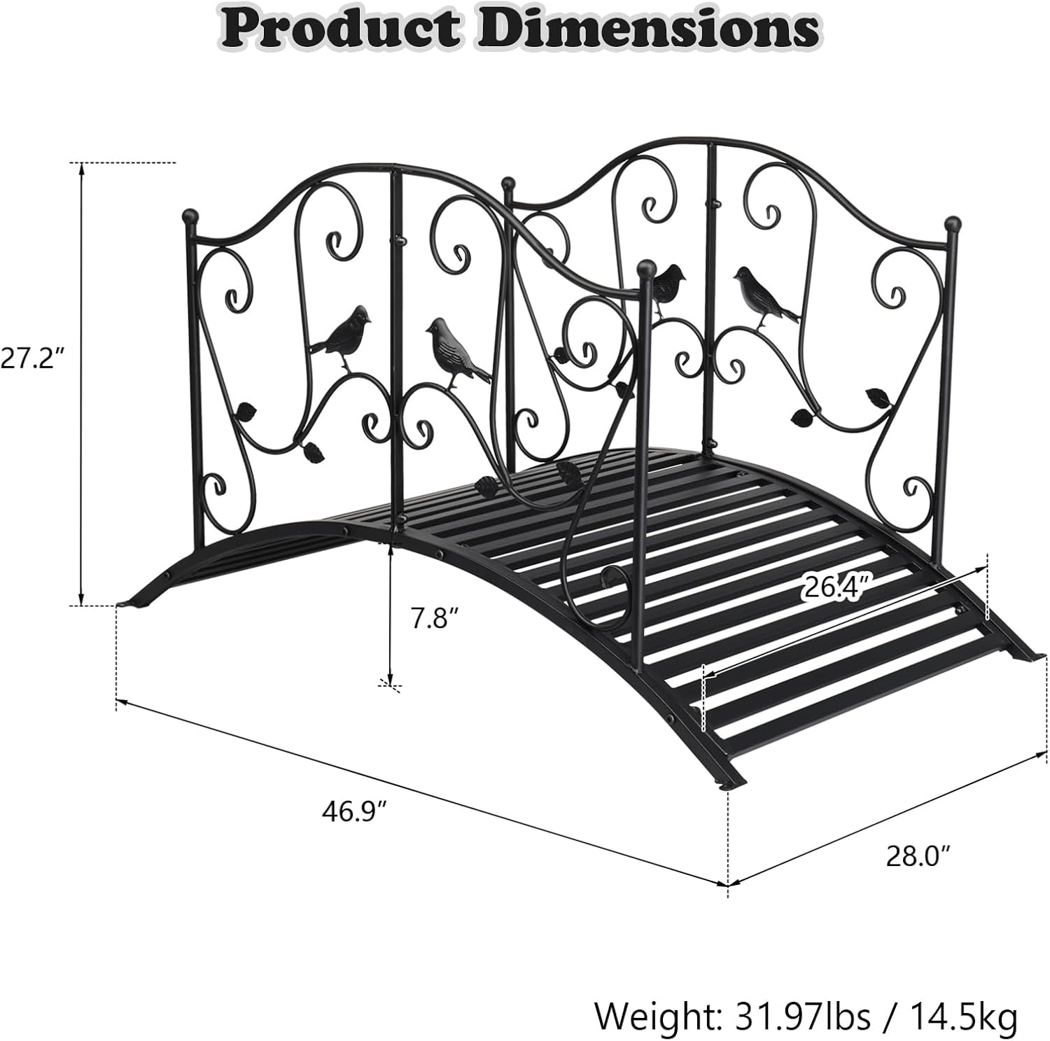 3.9 FT Metal Bridges for Outdoors, Arc Footbridge with Railings and Bird Pattern, Decorative Backyard Bridge Walkway Decorative for Lawn Patio Courtyard Pond Landscaping Path (Matte Black)
