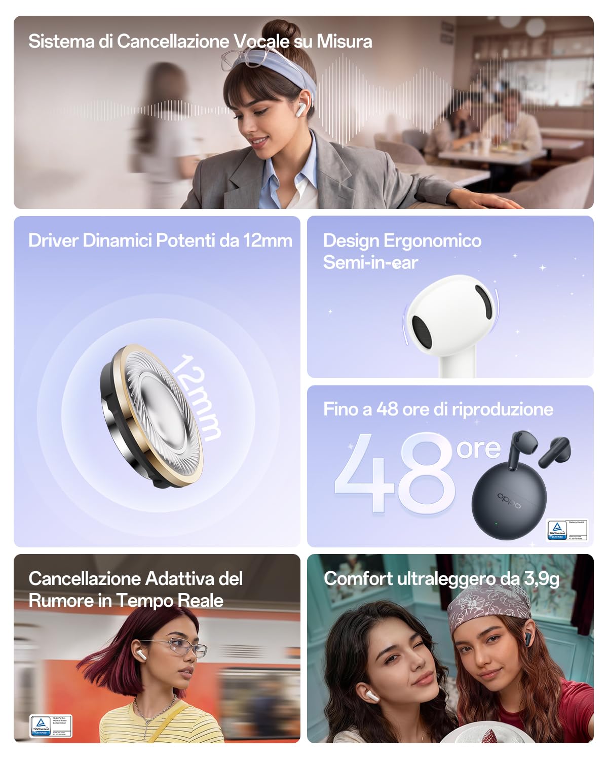 OPPO Enco Air5s Auricolari wireless semi-in-ear con cancellazione rumore adattiva, tre microfoni per chiamate IA nitide, Bluetooth 6.0, autonomia totale 48 ore con custodia ricarica, Lunar White
