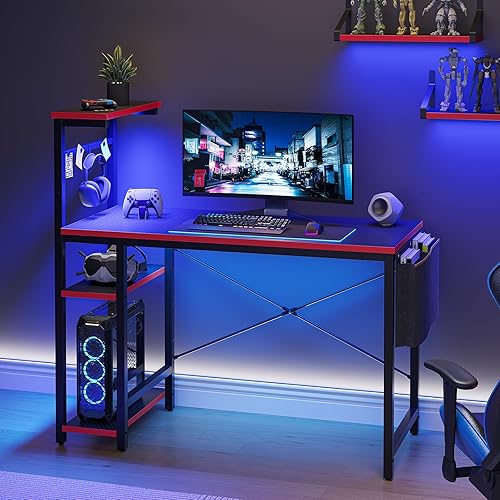 Bestier Gaming Desk with LED Lights, 44 Inch PC Gamer Desk for Small Spaces, Computer Desk with Reversible Storage Shelves & Side Storage Bag (Black 3D Carbon Fiber) - 44 Inch - Black Carbon Fiber