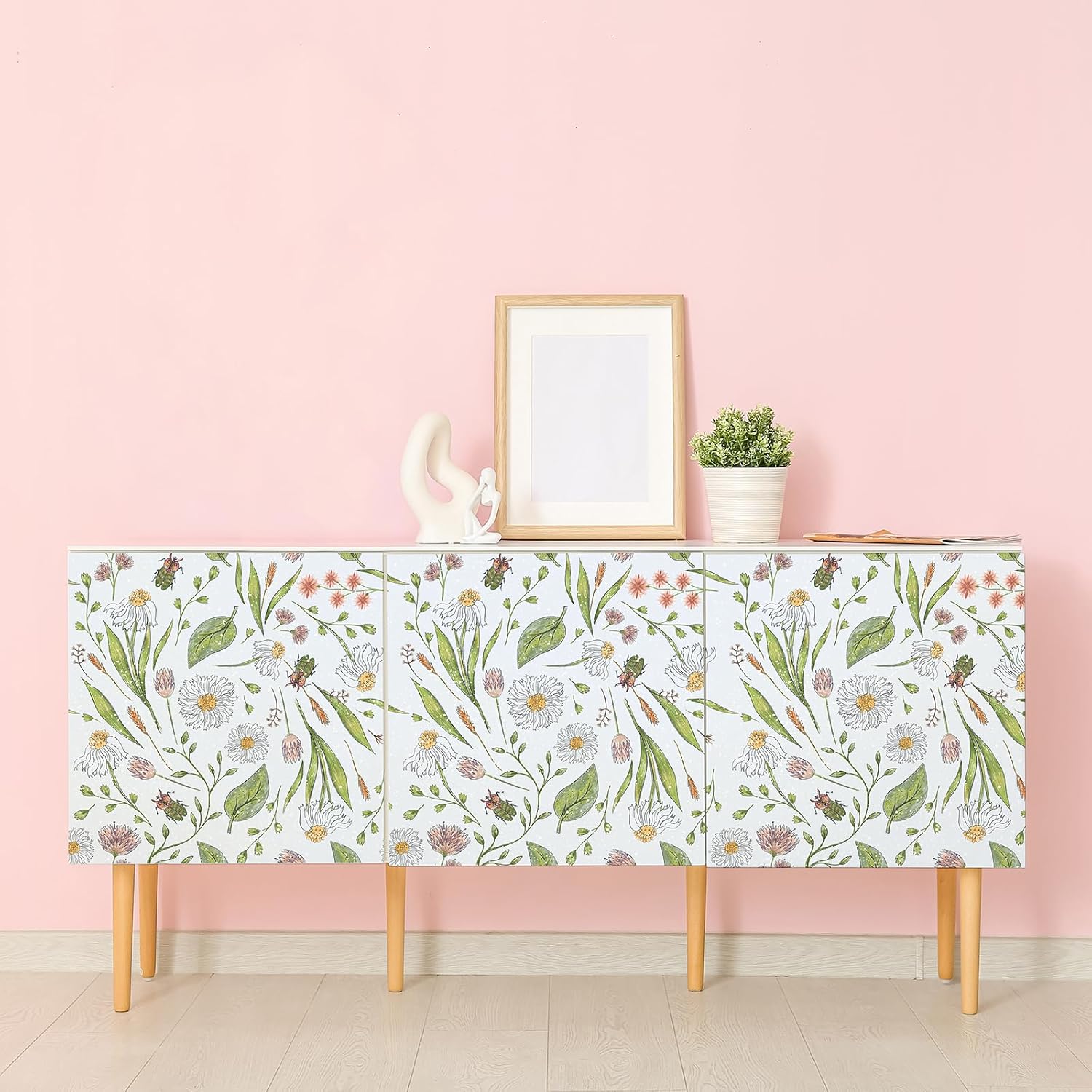 Botanical Peel and Stick Wallpaper, 12"x100" Removable Self Adhesive Vinyl Film with White Daisy Pink Flower Beetles Green Leaf Wallpaper, Floral Contact Paper for Cabinets Drawers DIY