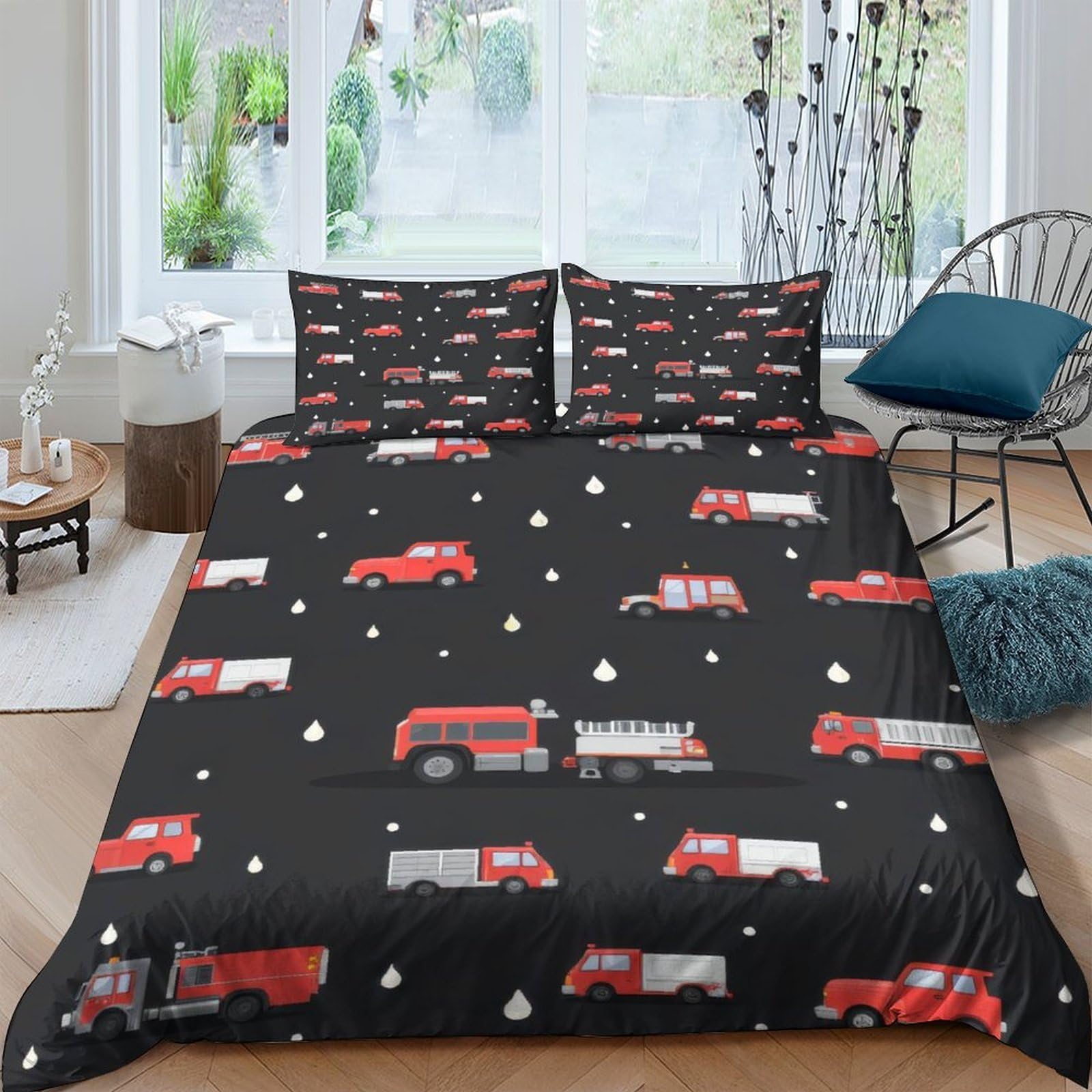 3D Printed Firetruck Quilt Cover, Microfiber Duvet Cover Hidden Zipper for