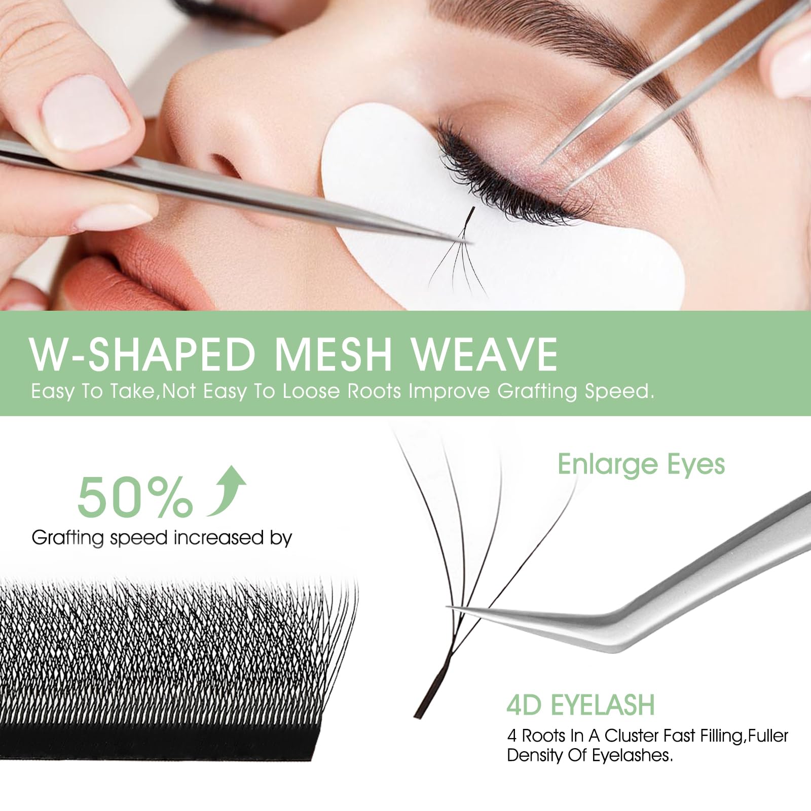 NATUHANA W Shaped Clover Eyelash Extension 4D Premade Fans 0.07mm D Curl 9mm Single Size Tray Volume Lash Cluster W Lash Extensions (9mm, 4D black;0.07 D)