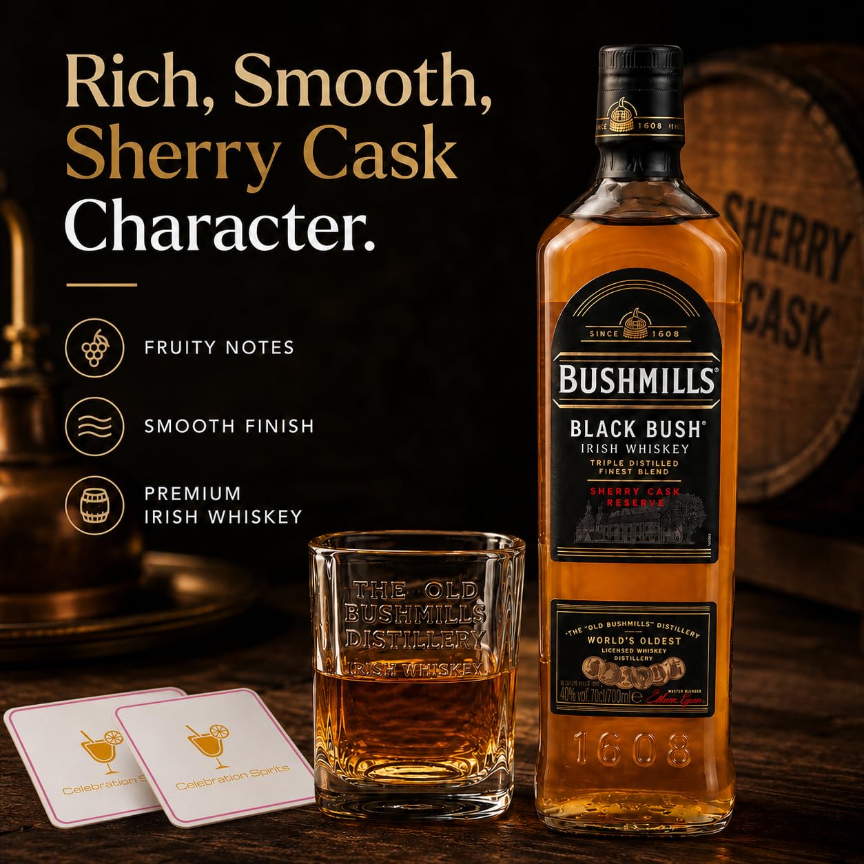 Bushmills Black Irish Whiskey Gift Set | 700ml Bottle with Branded