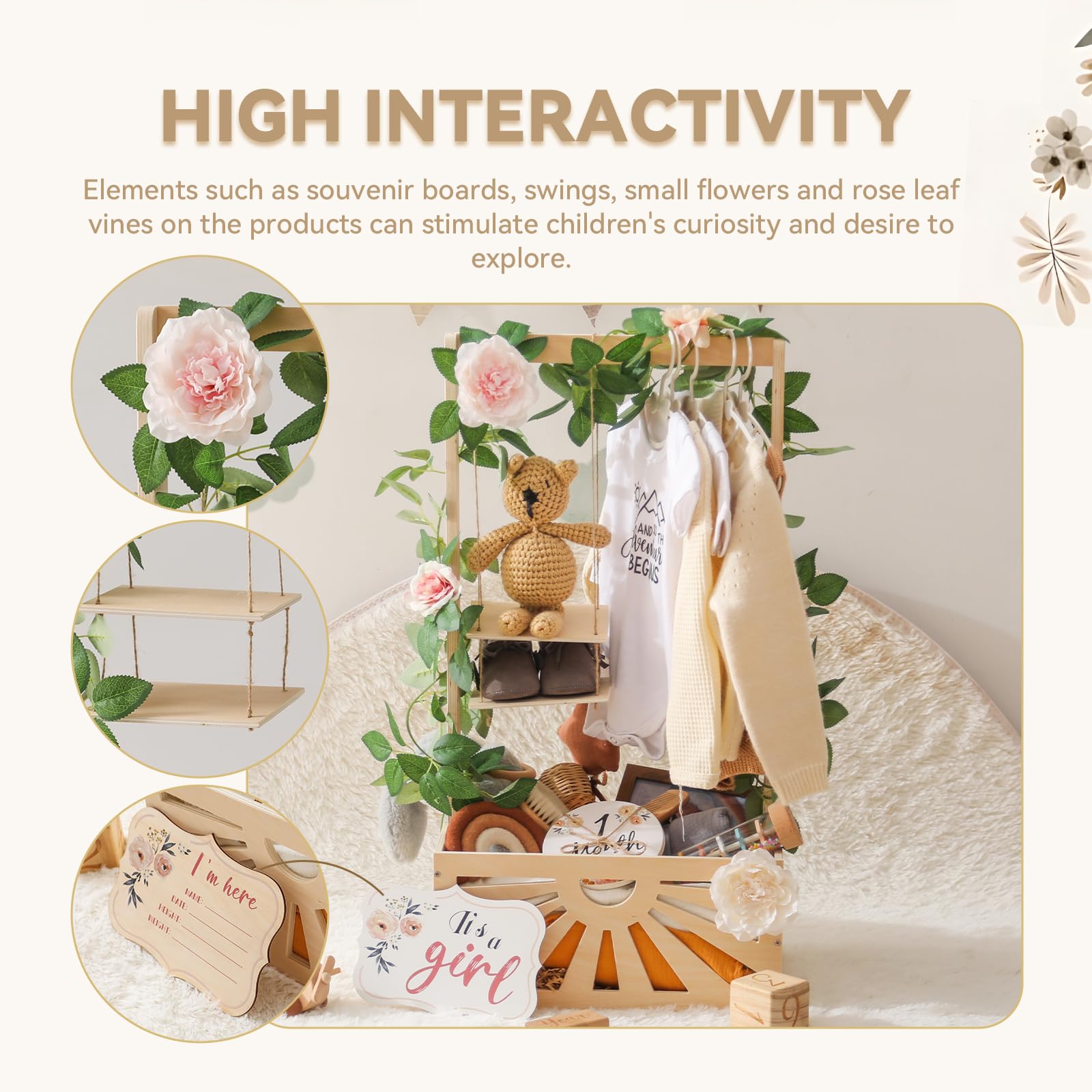 Panier Naissance BAODBF Panier Pour Cadeaux De Fête Prénatale, En Bois, Avec 5 Cintres, Panier Pour Bébé Avec Poignée, Panier Cadeau En Bois, Pour Fête Prénatale (style 1 Panier A Linge Bebe