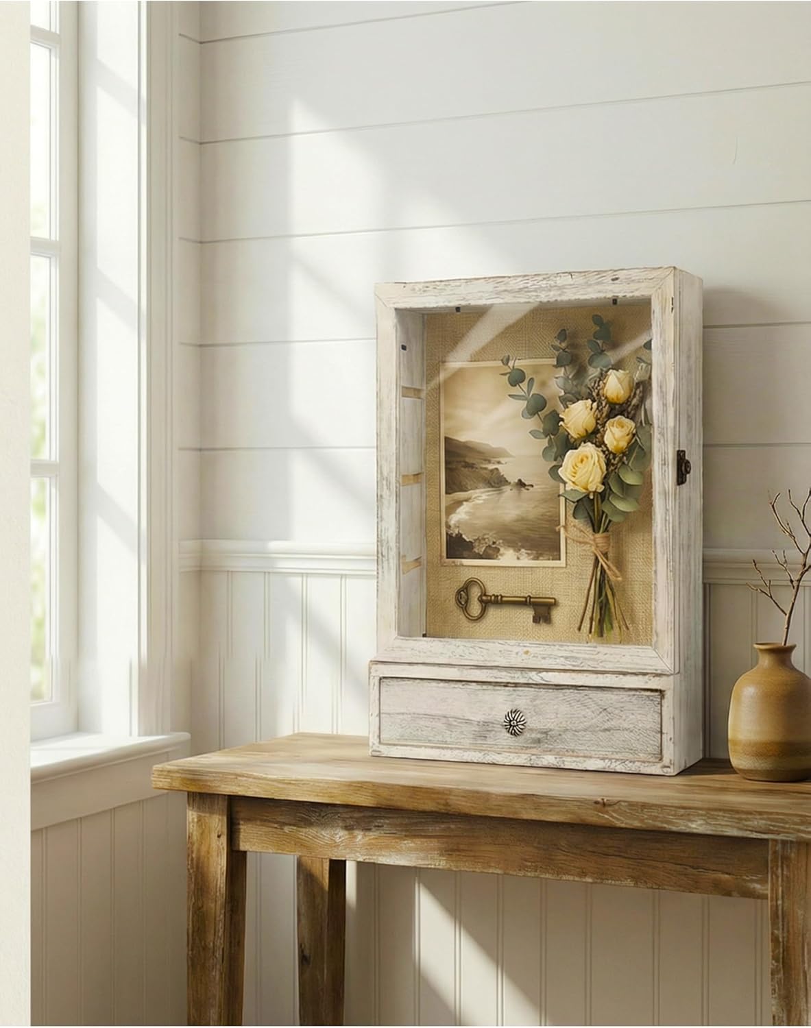 11×14 Wood Shadow Boxes Display Cases with Removable Shelves and Drawers,Shadow Box Photo Frames Deep ,Memory Boxes for Keepsakes for Display The Pictures, Collections, Medals, Bouquet (Old White)