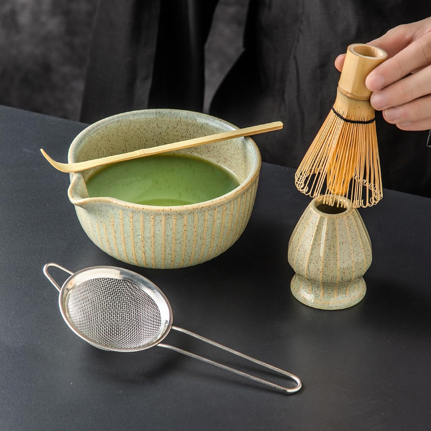 5-Piece Matcha Kit - Complete Matcha Set with Bamboo Whisk, Bowl with Spout, Scoop, Strainer & Holder - Practical Matcha Whisk Set (Striped green)