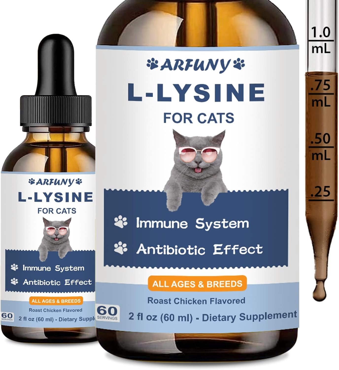 L-Lysine Supplement for Cats – Immune Support – 60ML Lysine for Feline Respiratory, Sneezing, Runny Nose, Eye Function – Natural Cat Antibiotic Drops – Roast Chicken Flavor